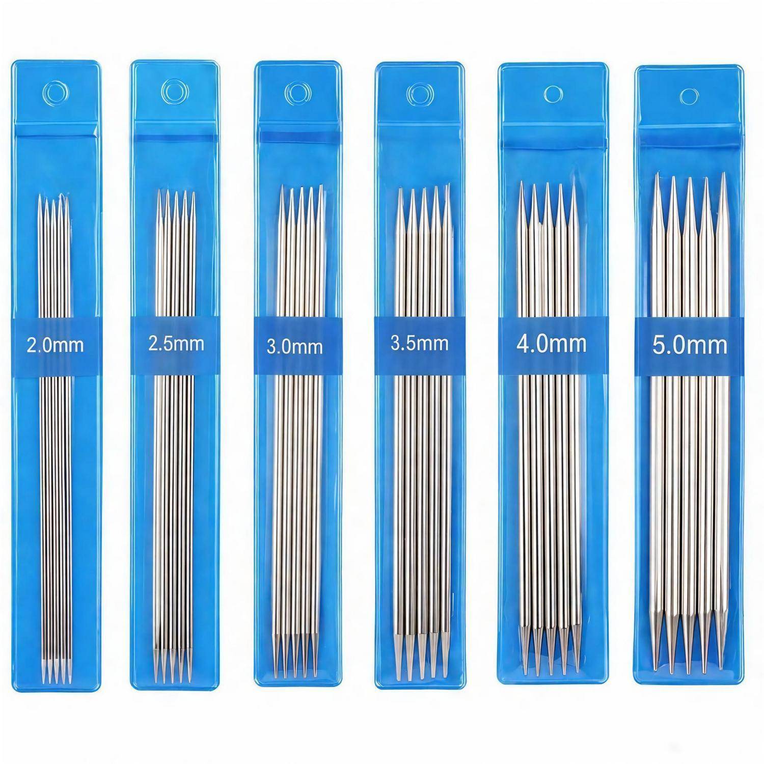 Sechs blaue Pakete mit nadelförmigen Werkzeugen mit den Bezeichnungen 2,0 mm, 2,5 mm, 3,0 mm, 3,5 mm, 4,0 mm und 5,0 mm, dargestellt in Größen vom kleinsten zum größten.
