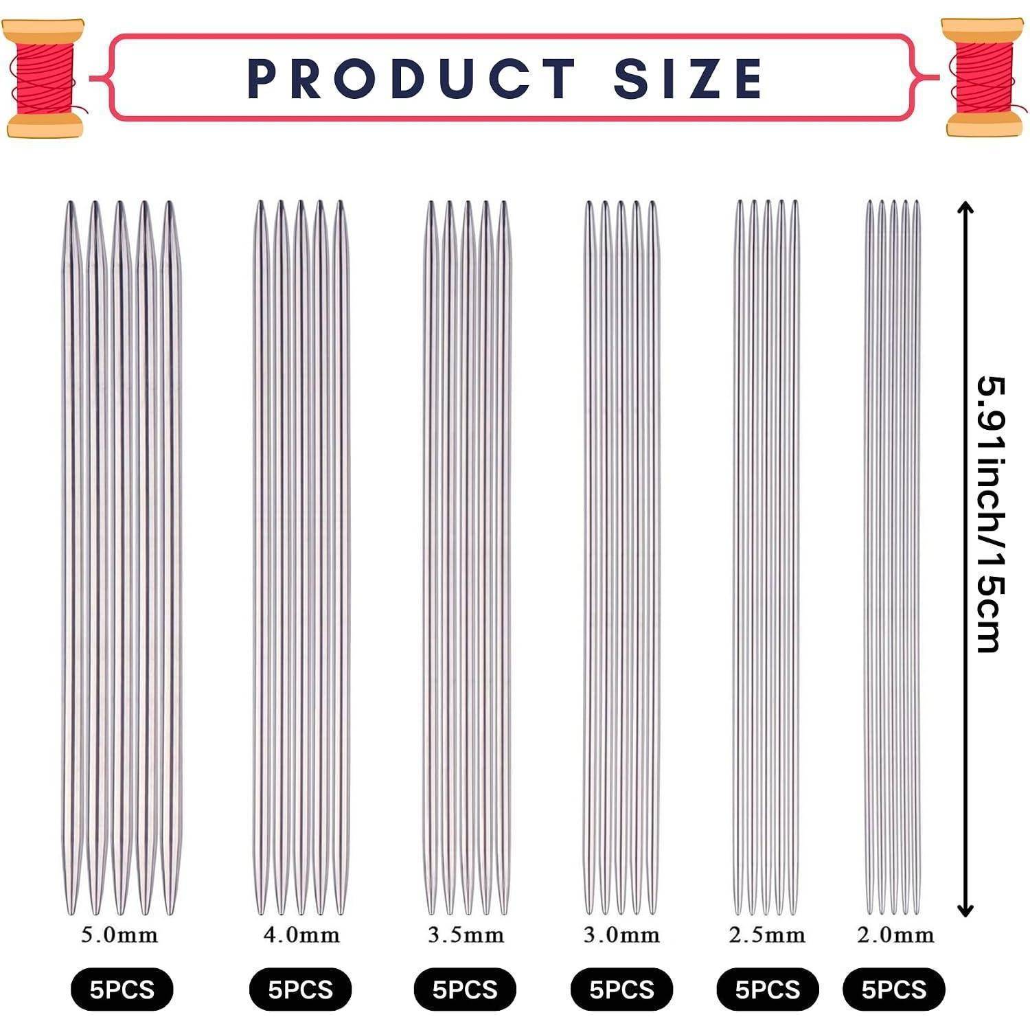 Größentabelle für Produkte mit sechs Packungen Nadeln, je fünf Stück, mit Breiten von 5,0 mm, 4,0 mm, 3,5 mm, 3,0 mm, 2,5 mm und 2,0 mm; jede Nadel ist 5,91 Zoll oder 15 cm lang.
