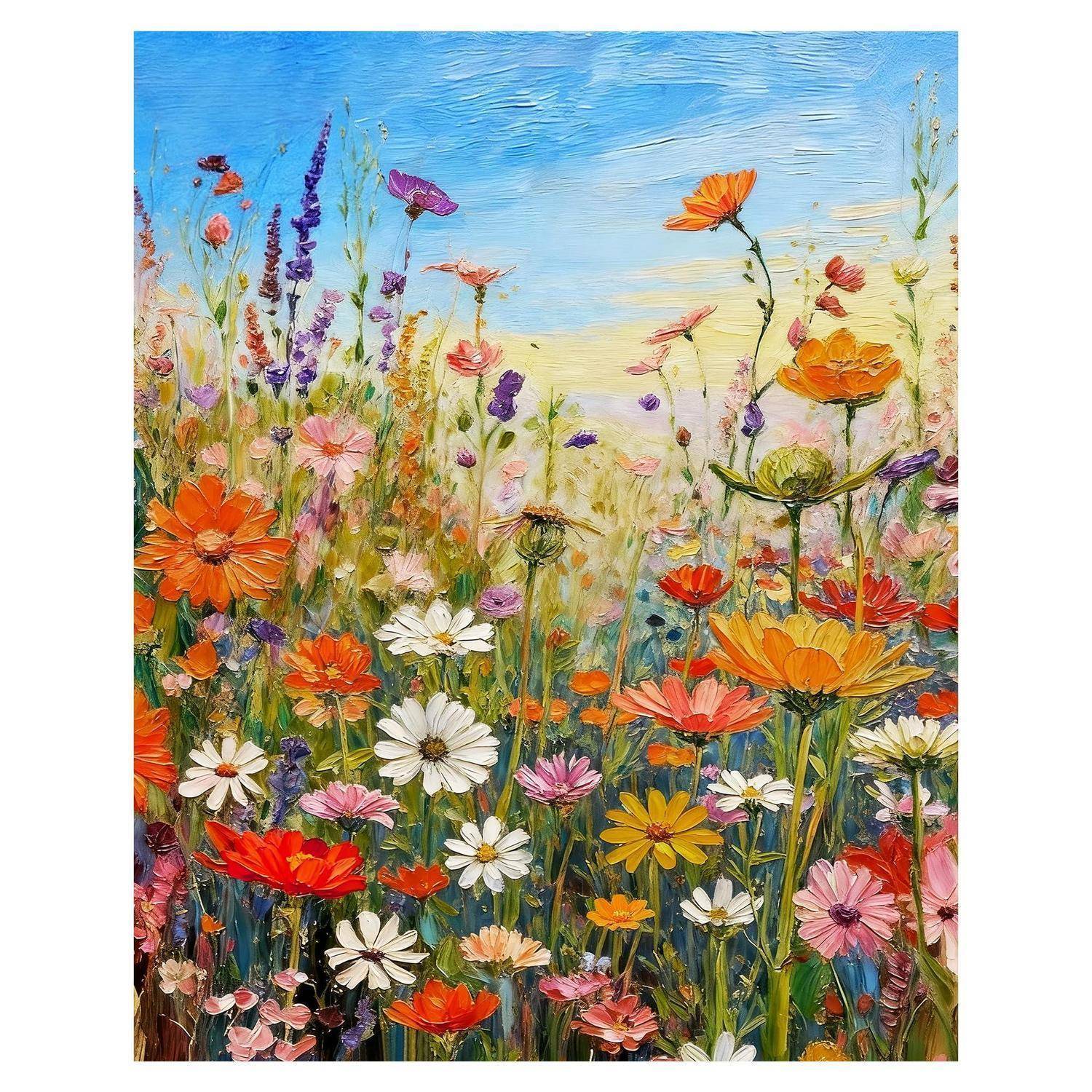 Buntes Gemälde einer Wildblumenwiese mit orangefarbenen, rosa, weißen und violetten Blüten unter einem blauen Himmel.