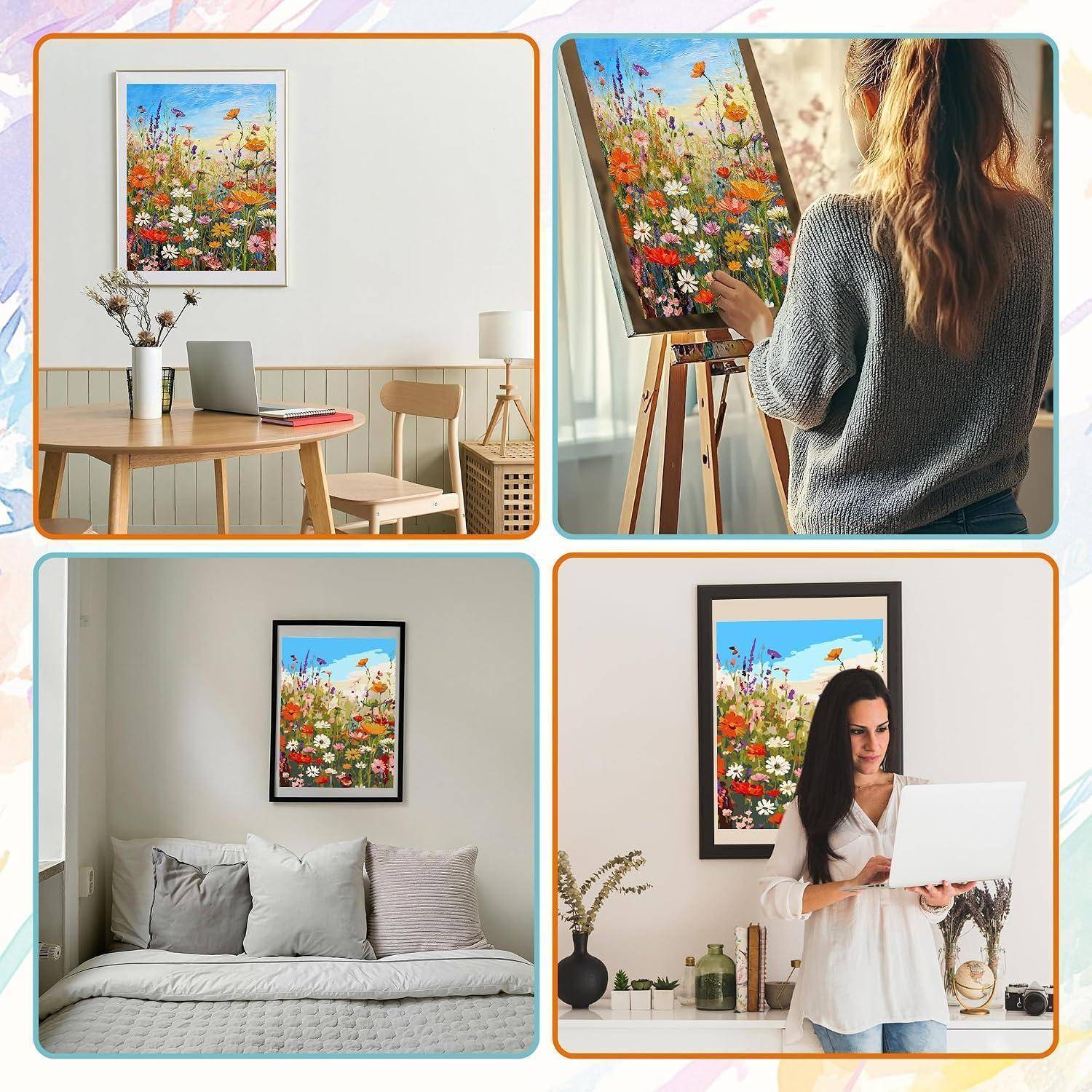 Eine Collage, die ein farbenfrohes Blumengemälde zeigt, das in einem Zimmer ausgestellt ist, eine Frau, die es auf einer Staffelei malt, das Kunstwerk über einem Sofa und eine Frau, die einen Laptop vor dem Gemälde hält.