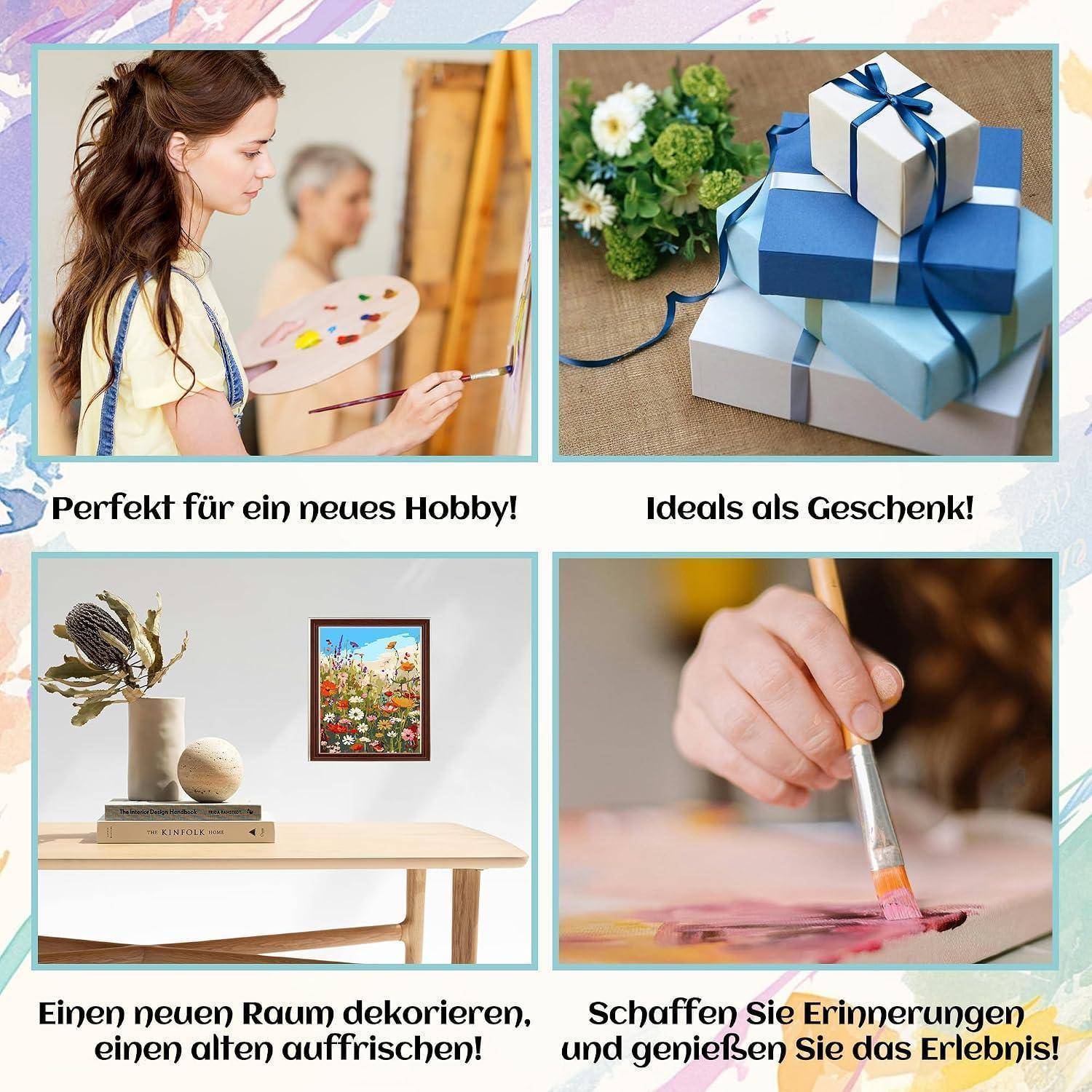 # Collage aus Malerei und Kunstaktivität: eine Frau beim Malen, verpackte Geschenke, ein dekorierter Tisch und eine Hand beim Malen auf Leinwand; deutsche Bildunterschriften fördern ein neues Hobby und eine Geschenkidee.