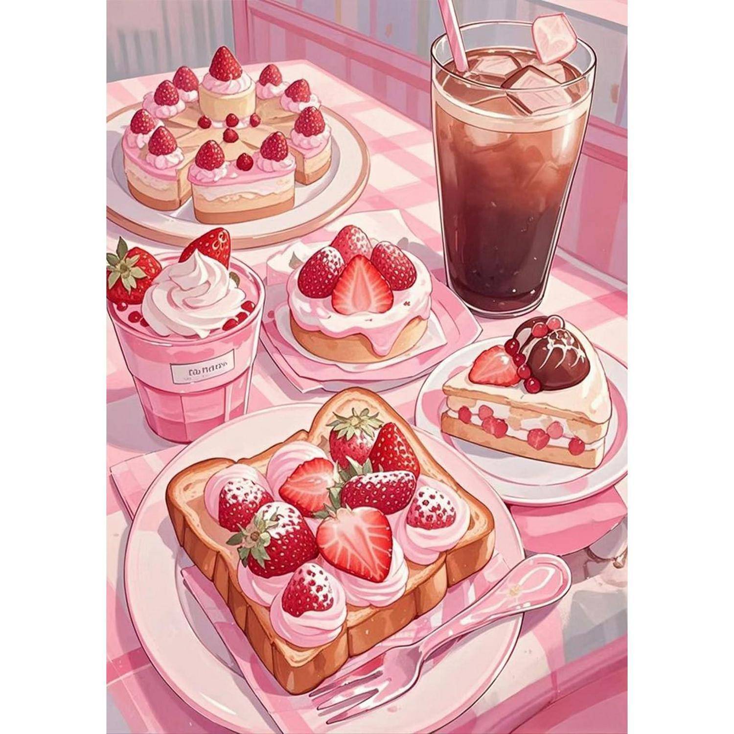 Rosa Nachtisch-Ausstellung mit erdbeergekrönten Kuchen, einem Erdbeerperfait und einem eisgekühlten Getränk auf einem Pastelltisch mit rosa Besteck.