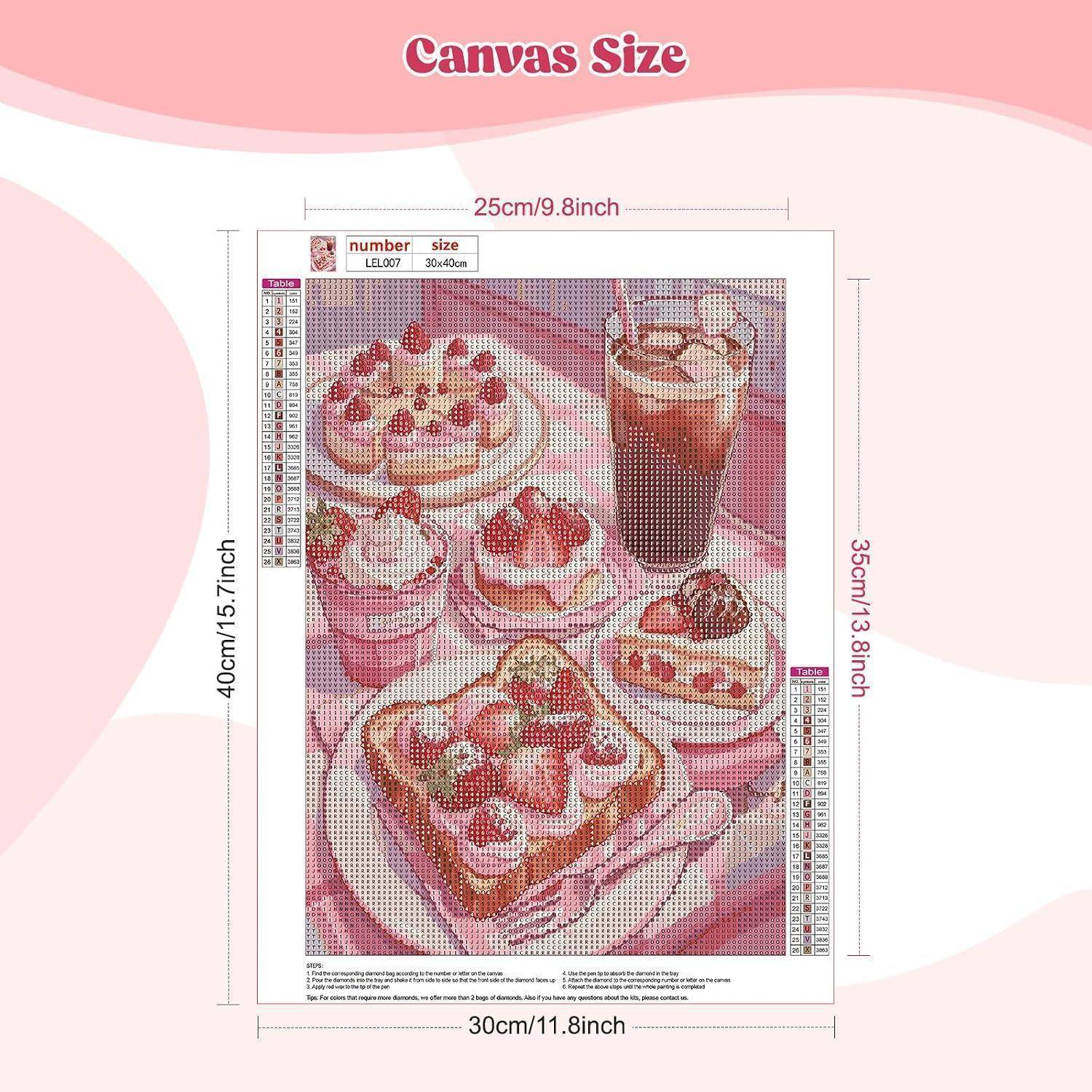 Leinwandgrößen-Diagramm für ein Diamantmalerei-Set mit einer rosa Dessert-Szene, beschriftet mit 25 cm Breite mal 35 cm Höhe, mit fertiger Größe von 30 cm mal 40 cm und 40 cm mal 50 cm Optionen.