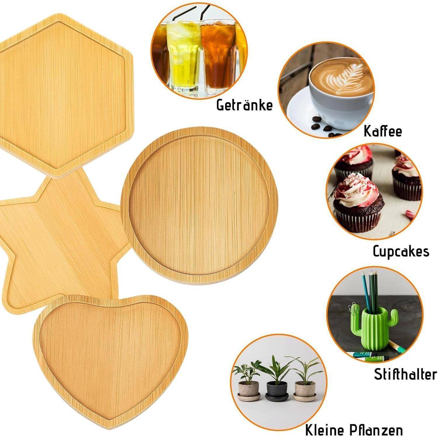 Verschiedene Bamboo-Untersetzer/Tabletts in Sechseck-, Stern-, runden und Herzformen, gezeigt mit beispielhaften Verwendungen: Getränke, Kaffee, Cupcakes, kleine Pflanzen und ein Stifthalter.