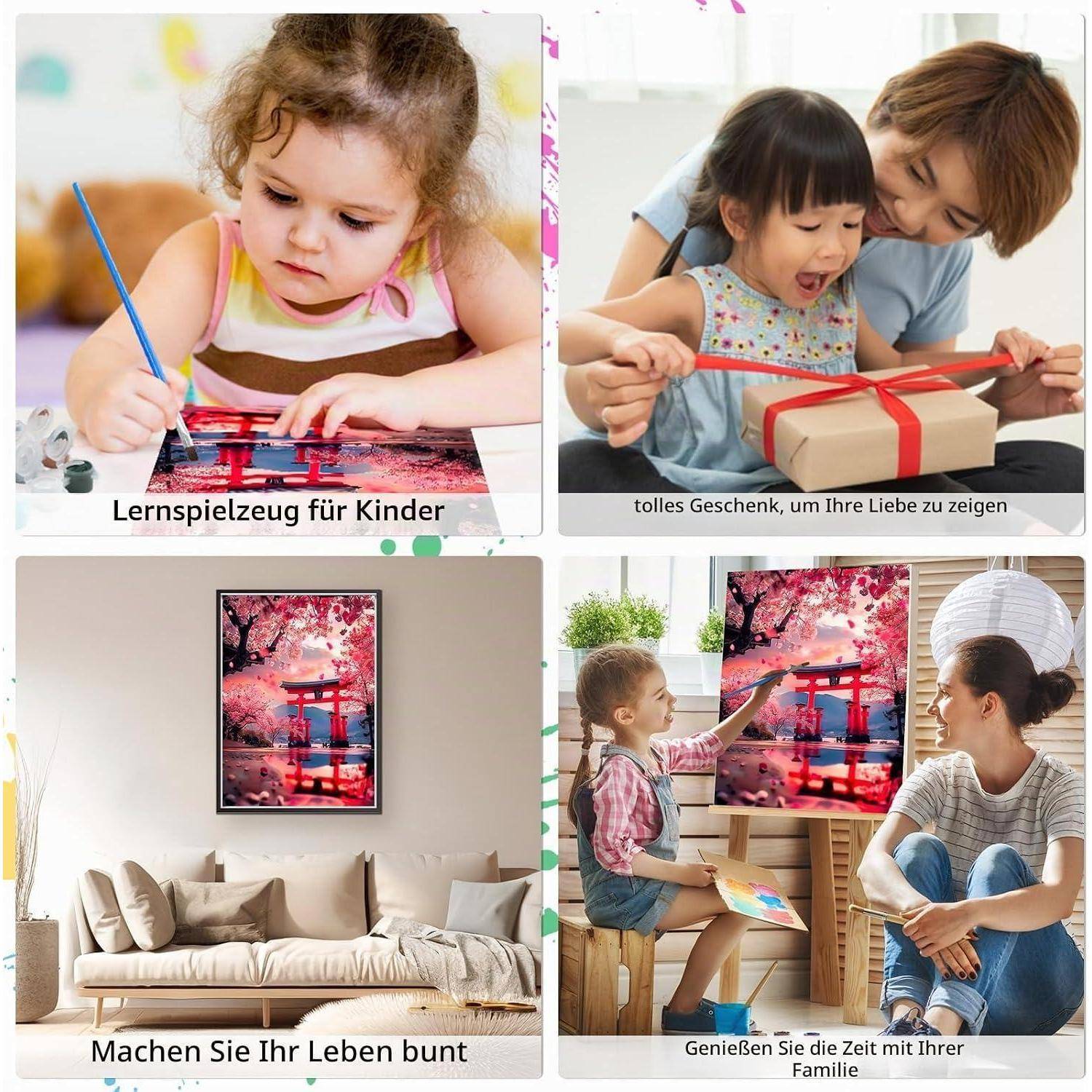 # Vierfeld-Werbe-Collage: Kinder spielen, ein Kind öffnet ein Geschenk mit einem Erwachsenen und ein modernes Wohnzimmer mit Kirschblüten-Wandkunst; deutsche Slogans fördern Kindersspielzeug, Geschenke und Wohndekor.
