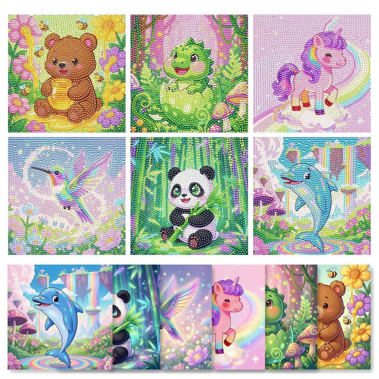 Collage aus bunten Diamantmalerei-Tierszenen: Teddybär, Frosch, Einhorn, Kolibri, Panda, Delfine, Panda-Schmetterling, Pony und Bär in einem Regenbogenwald.