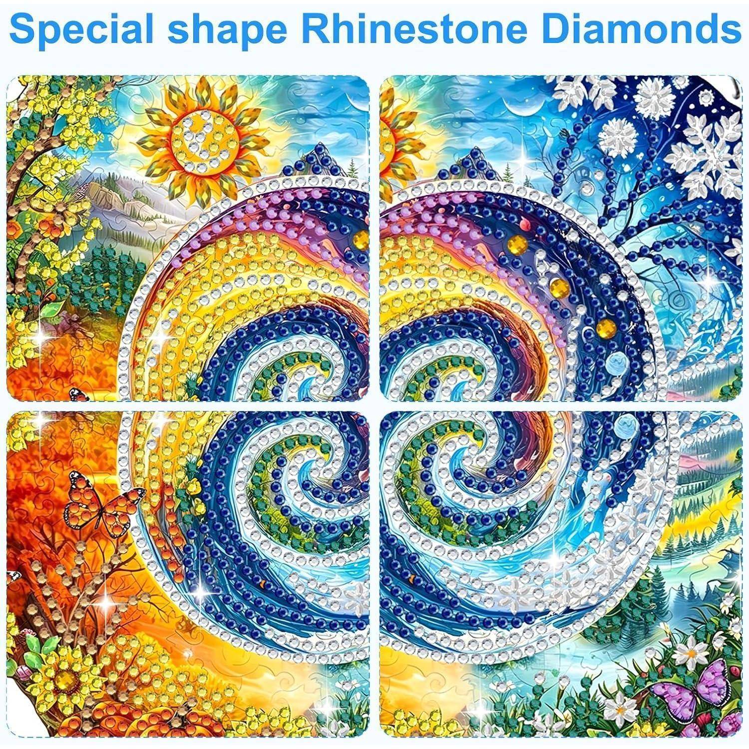 Buntes Diamond-Painting-Set mit dem Titel „Special Shape Rhinestone Diamonds", das ein wirbelndes Regenbogen-Mandala mit Blumen, Sonne, Bäumen und Schmetterlingen zeigt.