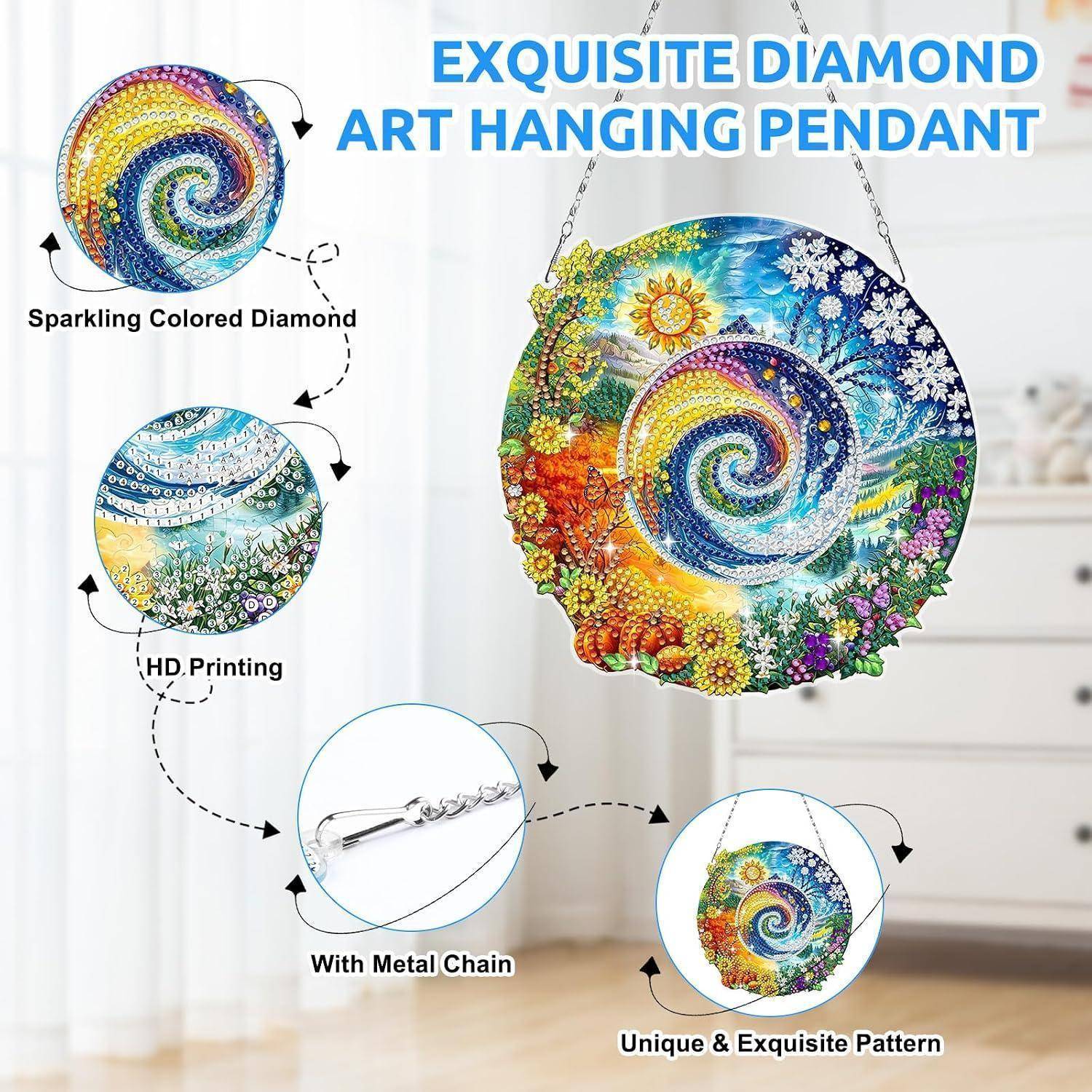 Buntes rundes Diamant-Kunstanhänger zum Aufhängen mit spiralförmigem Regenbogenmuster, gezeigt mit Metallkette und gekennzeichnet als HD-Druck und einzigartiges Muster.