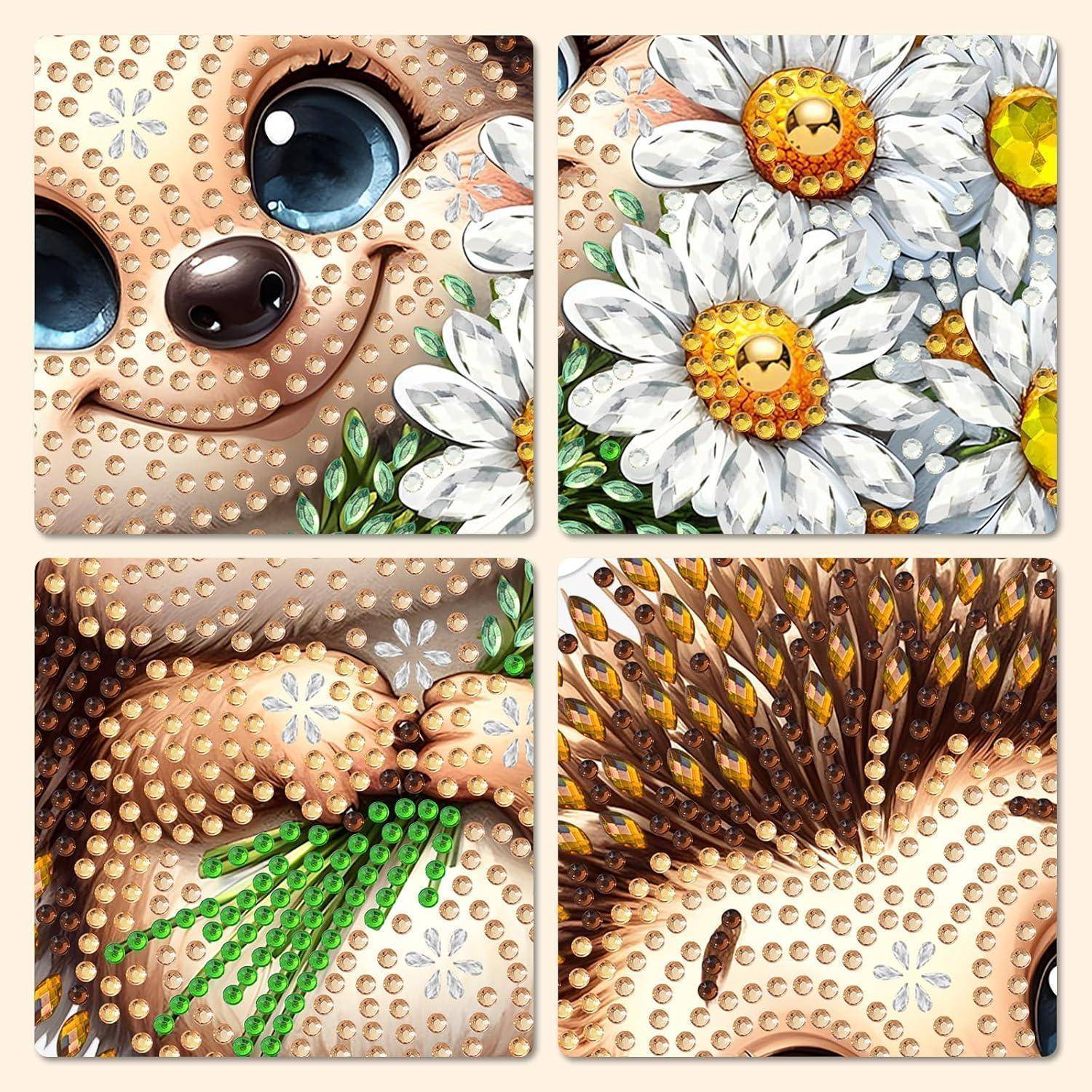 Vier Nahaufnahmen eines Perlenstickerei-Kunsthandwerks: ein Puppengesicht mit blauen Augen und Blumen, das strukturierte Verzierungen und Haardetails zeigt.