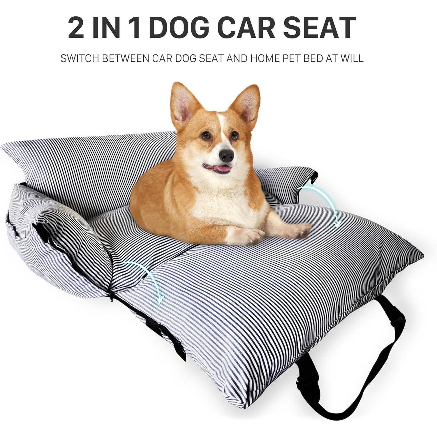 Produktbild eines Corgis auf einem gestreiften 2-in-1-Hundeautositz, der sich in ein Heimtier-Bett umwandeln lässt, mit Text, der liest „2-IN-1-HUNDEAUTOSITZ