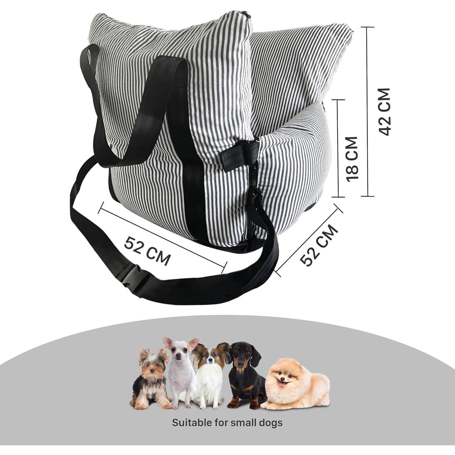 Gestreifter Haustier-Transportbeutel mit Schultergurt, gezeigt mit Abmessungen 52 cm x 52 cm x 42 cm und Text „Geeignet für kleine Hunde