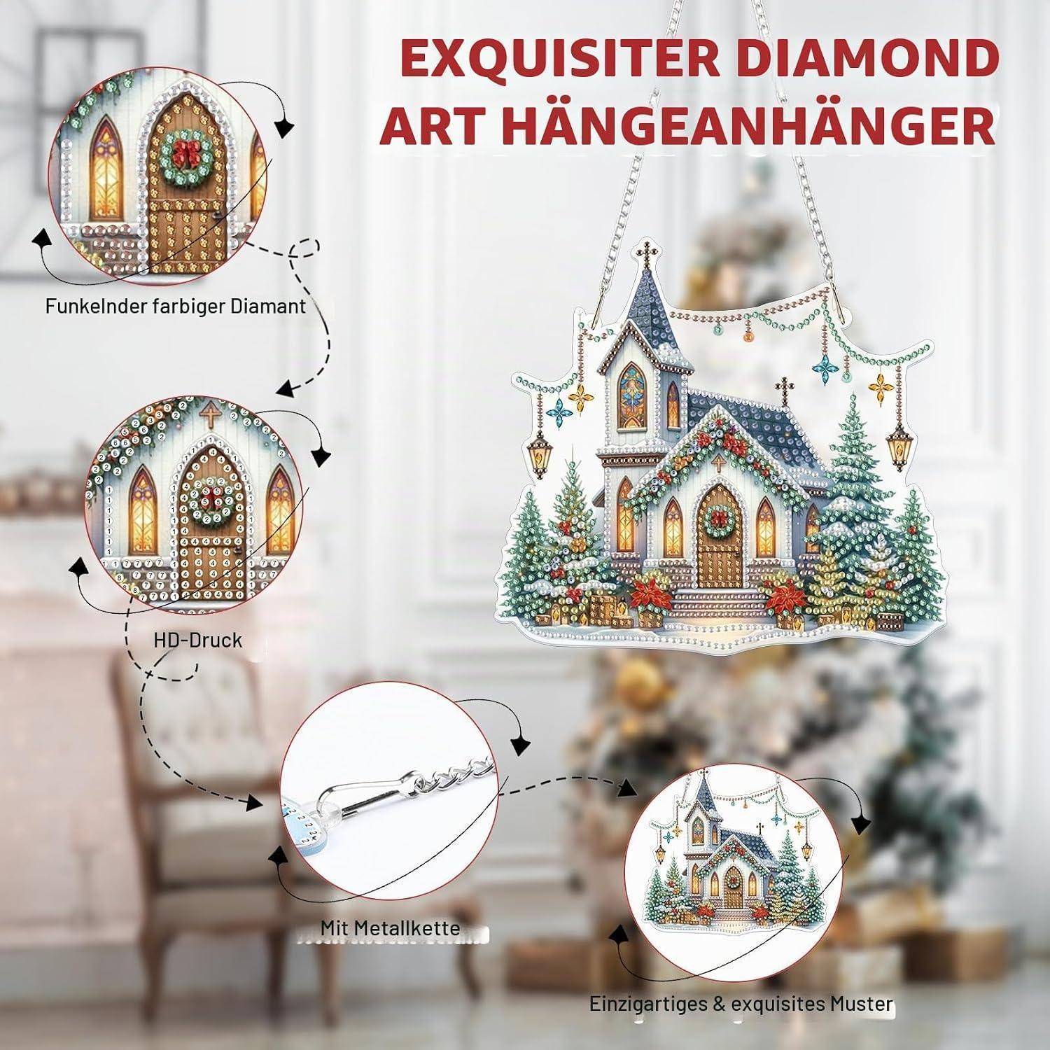 Werbebild eines Diamantkunst-Anhängers in Kirchenform mit Kette, mit deutschem Text, der funkelnde Diamanten, HD-Druck und einzigartiges Muster hervorhebt.