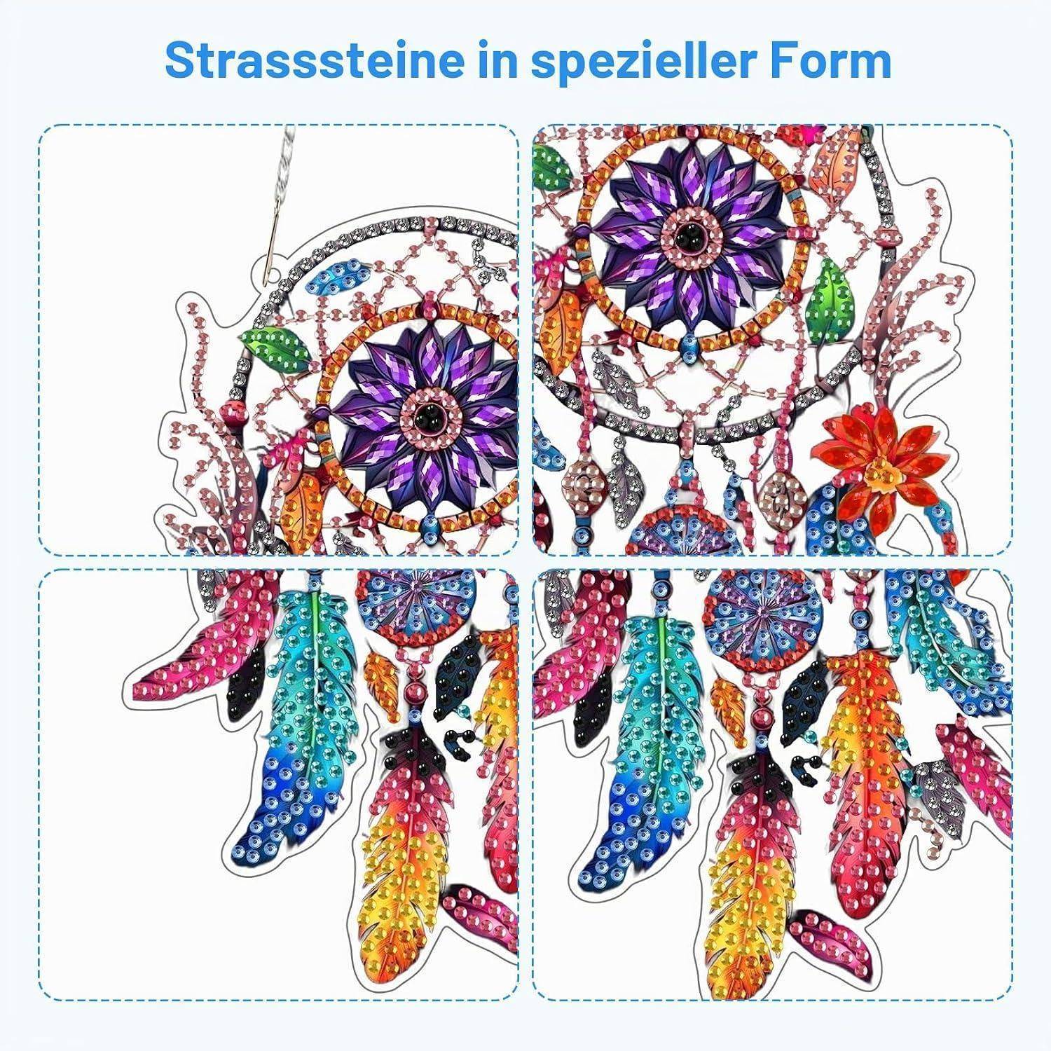 Collage mit dem Titel „Strasssteine in spezieller Form" mit vier Beispielen von dekorativen Strassstein-Designs: lila Blüten- und mehrfarbige Federmotive.