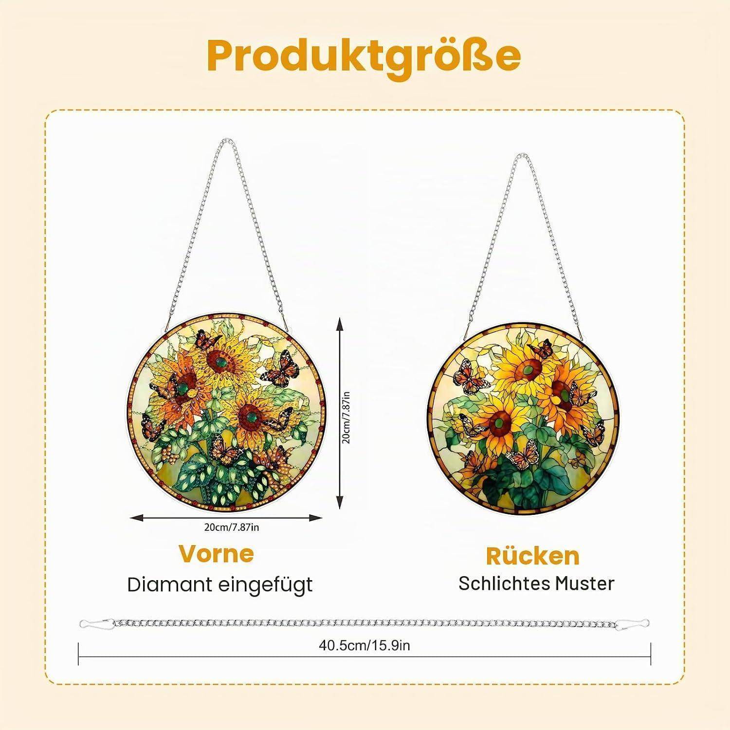 Produktgrößendiagramm zeigt Vorder- und Rückseite einer runden hängenden Blumendekoration mit Abmessungen von 20 cm Breite, 20 cm Höhe und 40,5 cm Kettenlänge; Vorderseite mit der Aufschrift „Diamant eingefügt" und Rückseite „Schlichtes Muster"".
