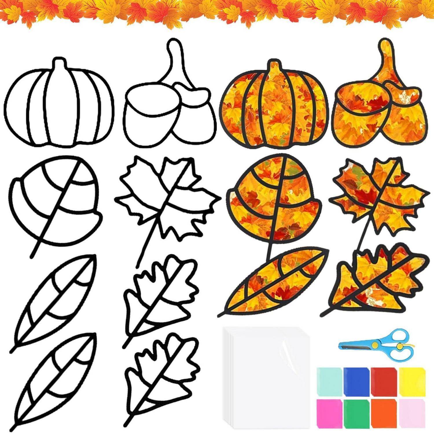 Herbst-Färbblatt mit umrissenen Kürbissen, Eicheln und Blättern neben farbigen Beispielen, sowie Schere und leeres Papier; Herbst-Bastelvorlage.