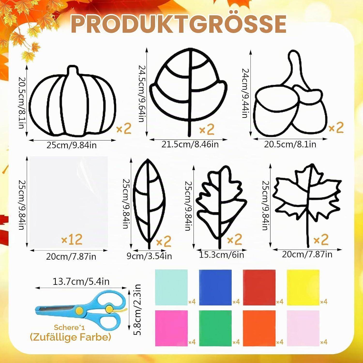 Produktgrößentabelle mit herbstlichen Bastelausschnitten mit Abmessungen und Mengen: Kürbis, Baum-/Blattformen, Papierkassette und Kinderscheren in zufälligen Farben.
