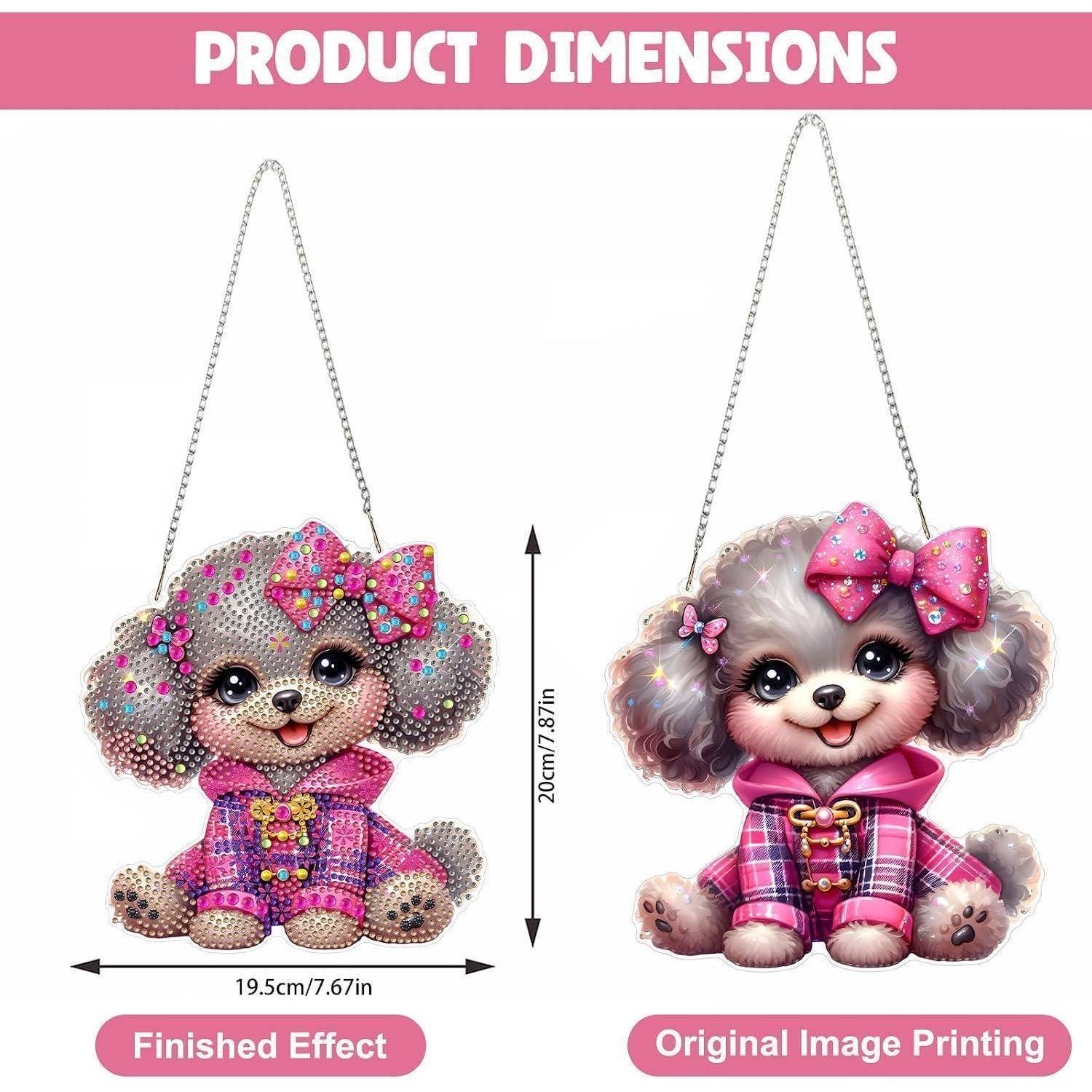 Produktdimensionen-Grafik, die eine hängende hundeförmige Tasche zeigt, 19,5 cm breit und 20 cm hoch, mit Beispielen für 