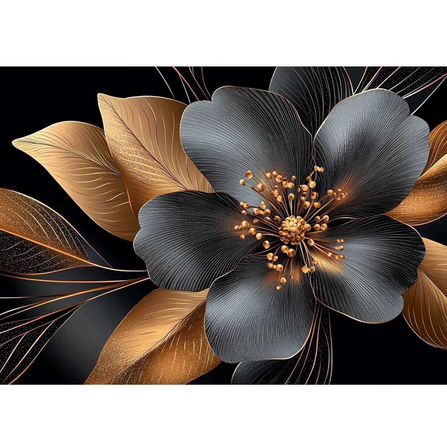 Dekoratives Blumenkunstwerk mit einer großen schwarzen Blume und goldenen Blättern auf schwarzem Hintergrund.