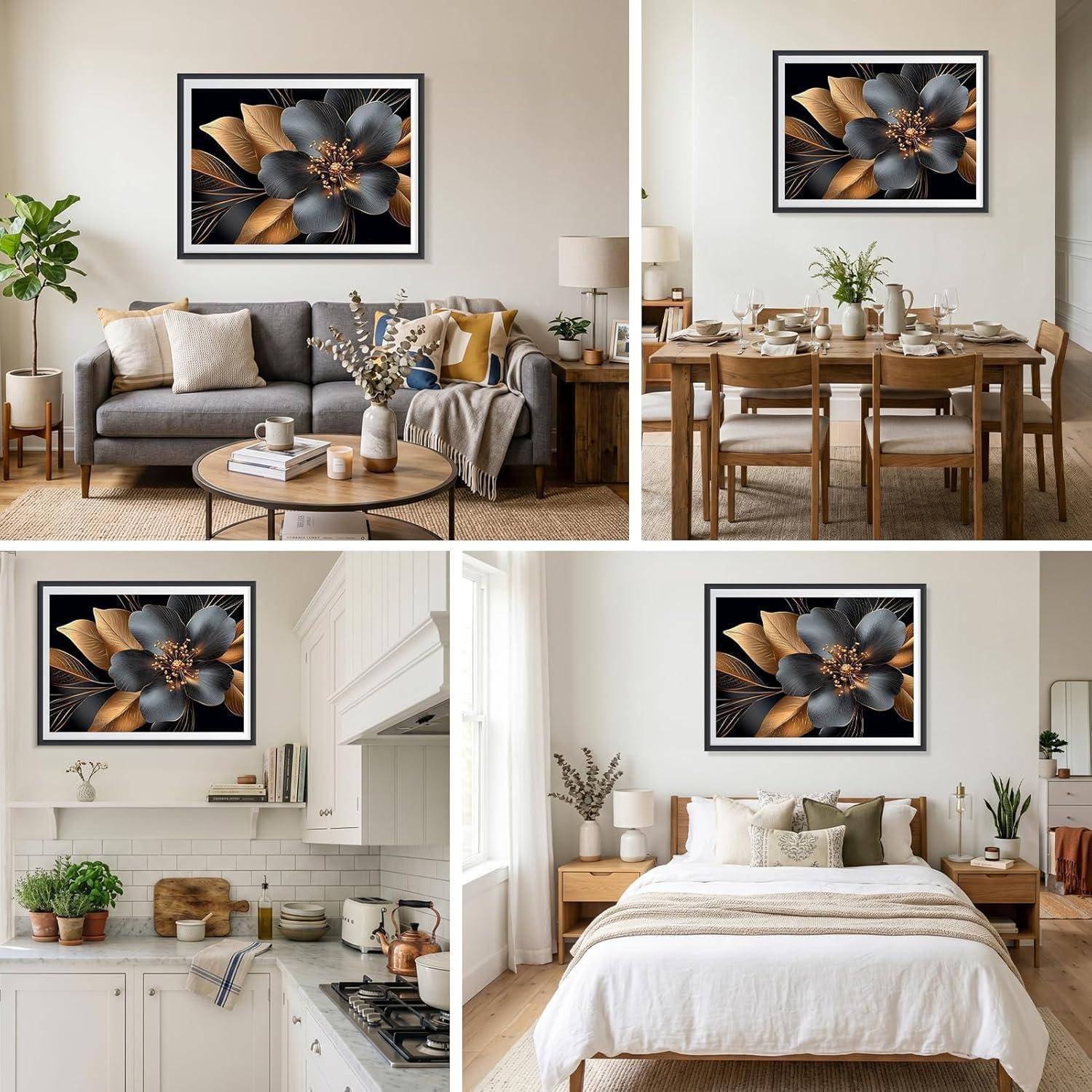 Vier Innenraumszenen zeigen dieselbe gerahmte Blumen-Wandkunst über einem Sofa, Esstisch, eine Küchentheke und ein Bett in einem neutralen Zuhause.