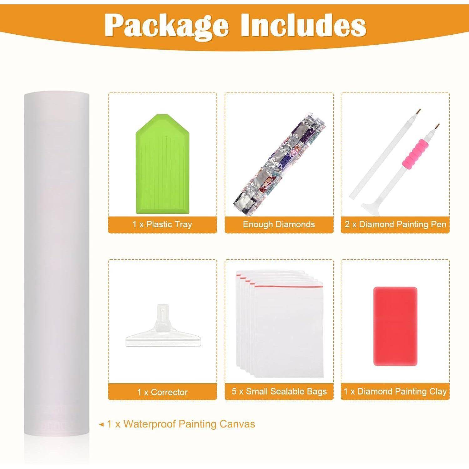 Das Paket enthält eine wasserfeste Malerleinwand, ein Kunststofftablett, ausreichend Diamanten, 2 Diamantmalstiften, einen Korrektor, 5 kleine versiegelte Beutel und Diamantmaltone.