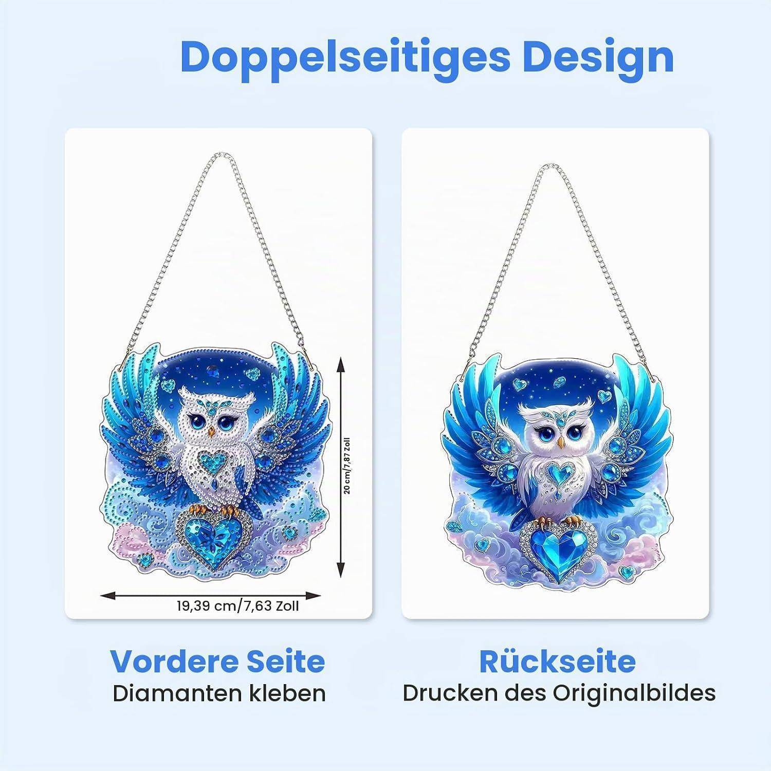 Vergleich einer doppelseitigen Eulen-Hängdekoration: Die Vorderseite zeigt die Platzierung von Diamanten, die Rückseite zeigt das gedruckte Originalbild.