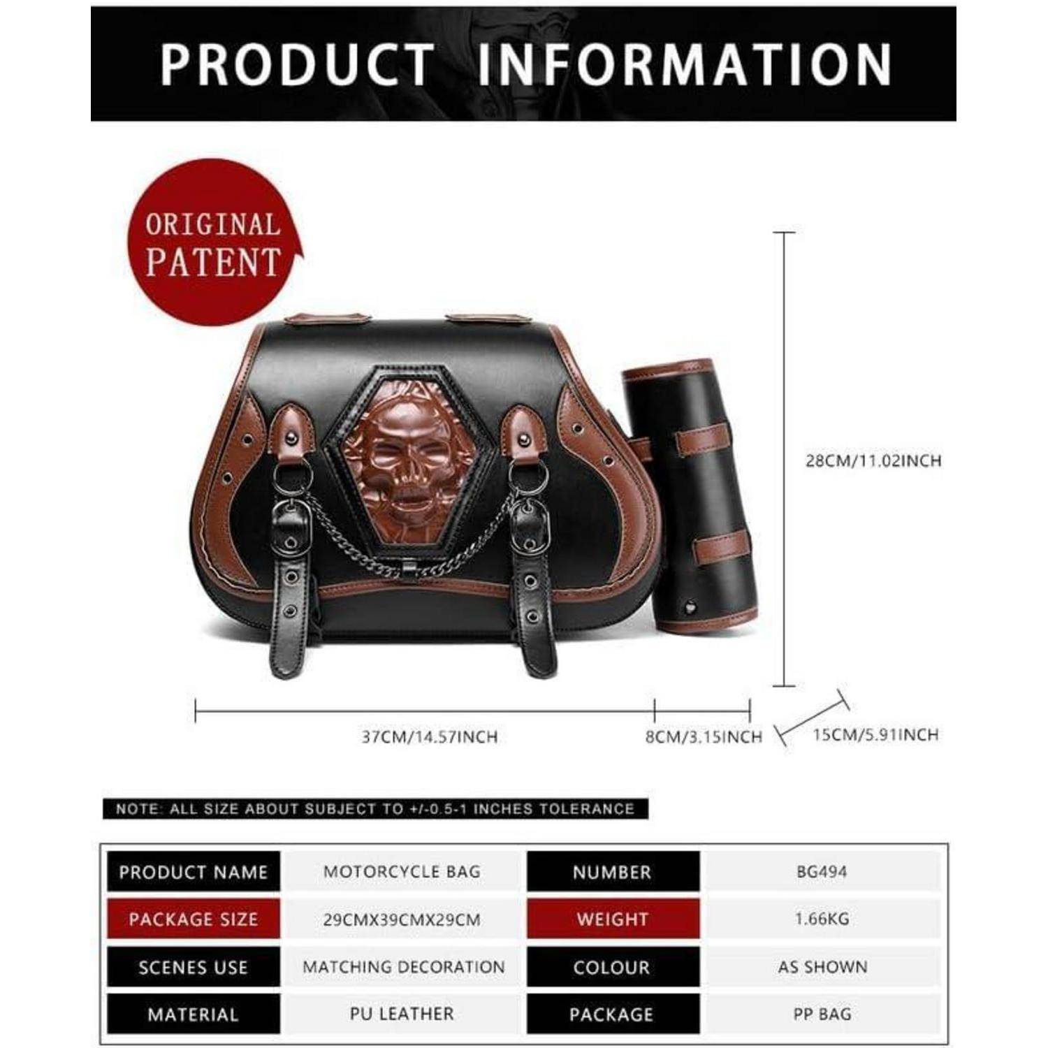 Produktinformationsgrafik zeigt eine Motorradtasche mit Totenkopfgesichtdesign und passendem Seitenkoffer. Enthält Abmessungen, Gewicht, Material, Farbe und Paketdetails.