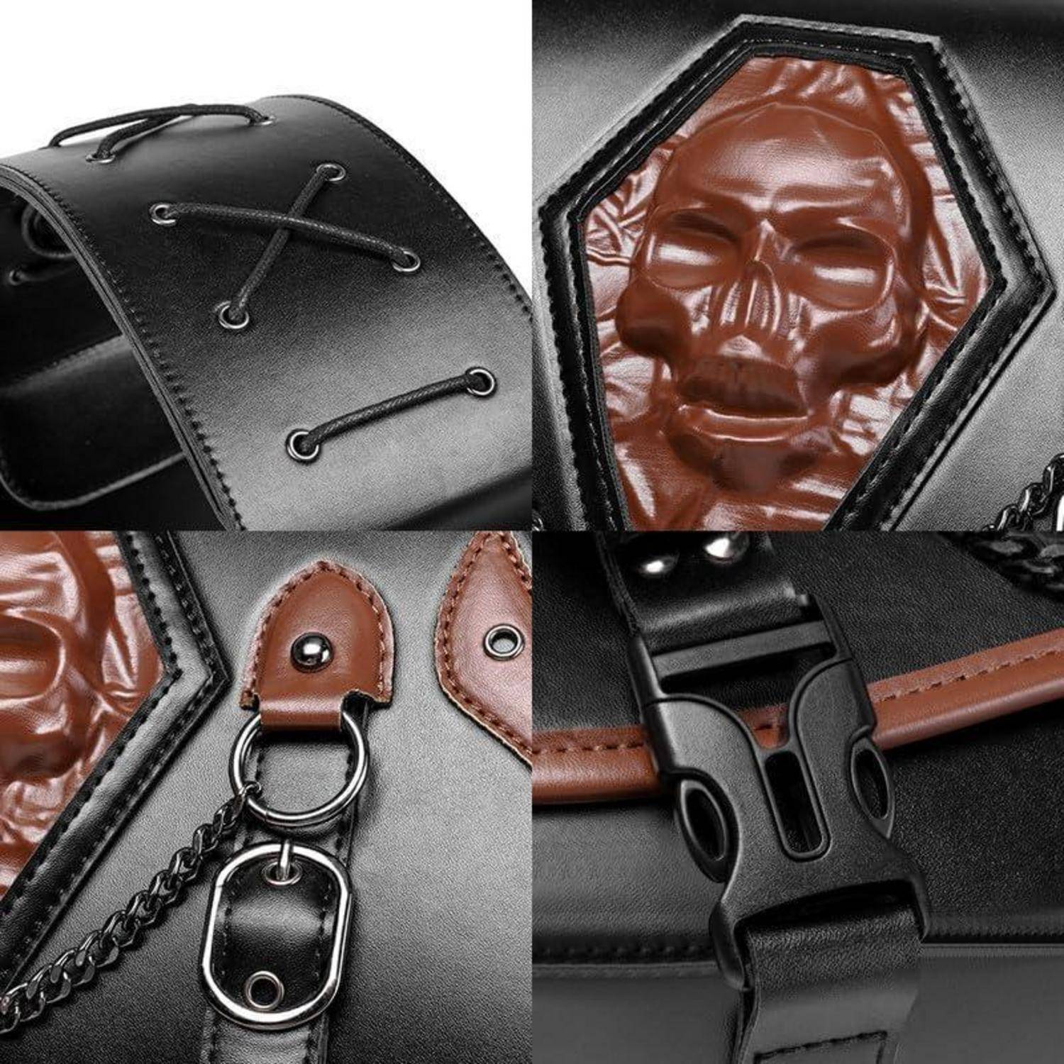 Schwarze Ledertasche mit brauner Totenkopf-Prägung, Spitzenkante, Kettengurt und Metallschnallenverschluss in Nahaufnahme-Collage von Details.