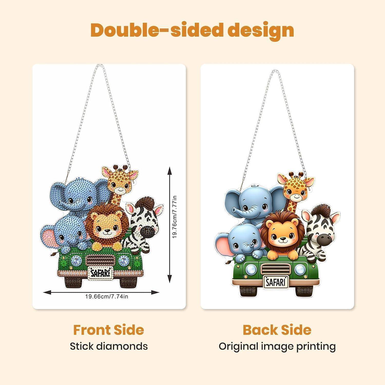 Vergleich einer Safari-Tierwandaufhängung, die die Vorderseite mit Stabdiamanten und die Rückseite mit originalem Bilddruck zeigt, beschriftet mit „Beidseitiges Design