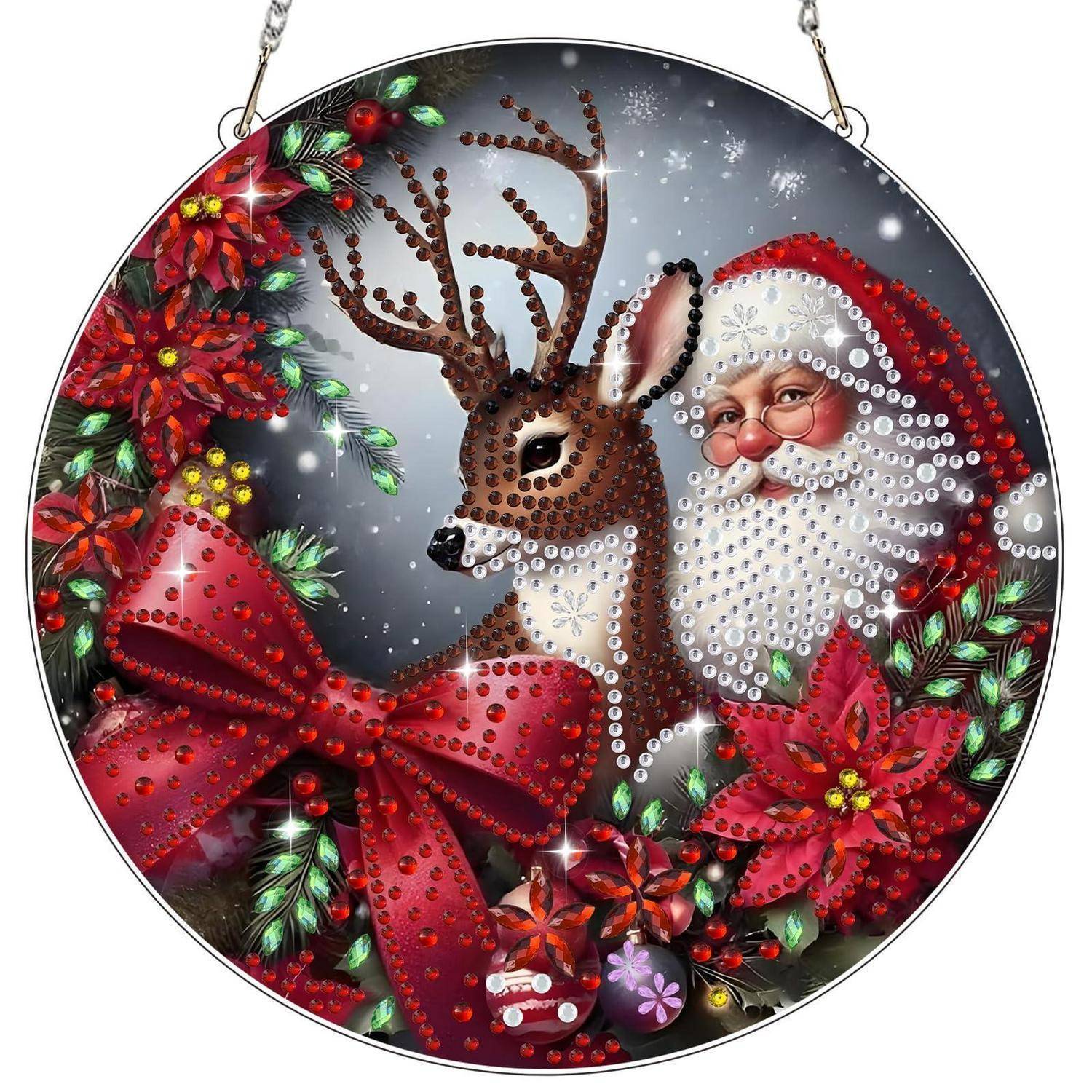 Festliches rundes Ornament mit dem Weihnachtsmann und einem Rentier, umrahmt von roten Schleifen und Weihnachtssternen vor einem verschneiten Hintergrund.
