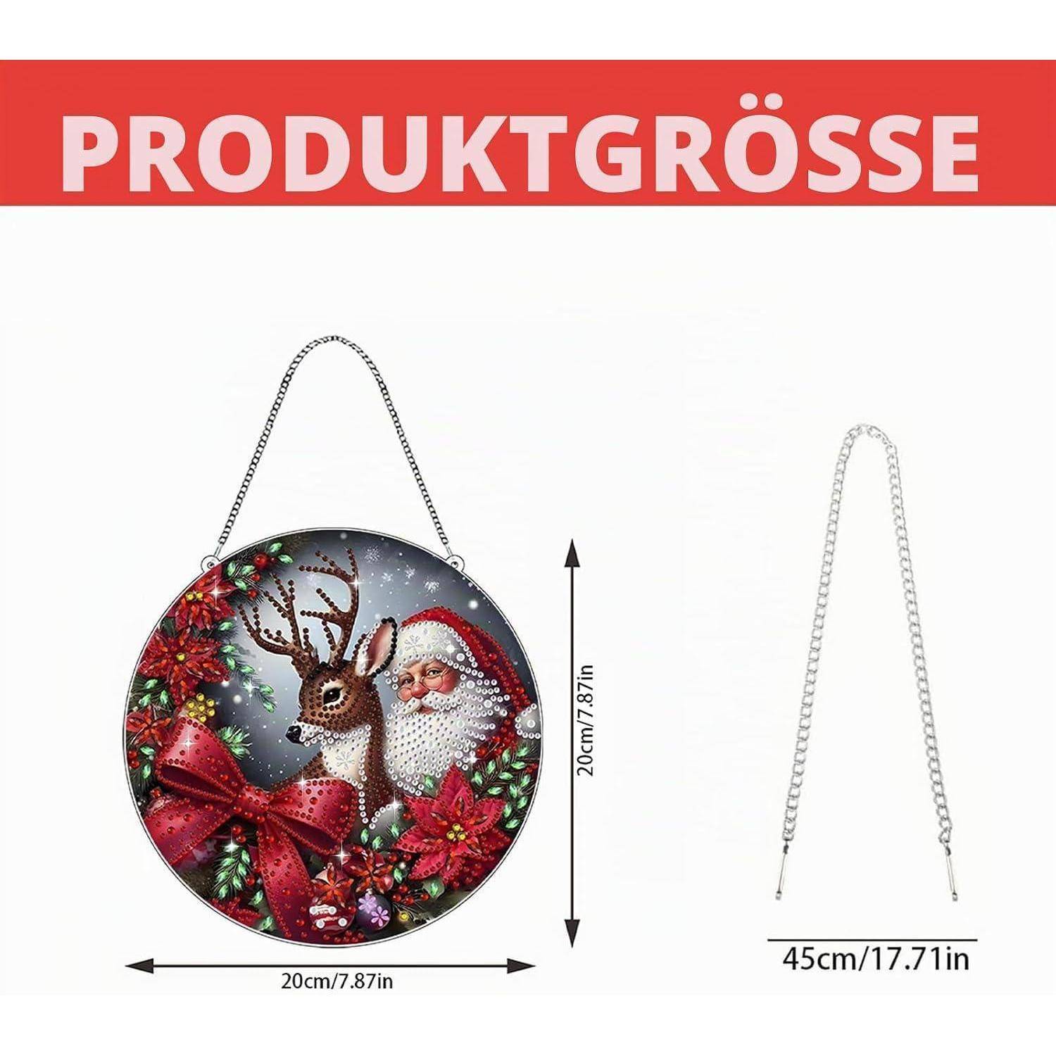 Produktgrößendiagramm für ein rundes Hängeornament: 20 cm Durchmesser und 45 cm Kettenlänge, mit Weihnachtsmann- und Rentier-Design.