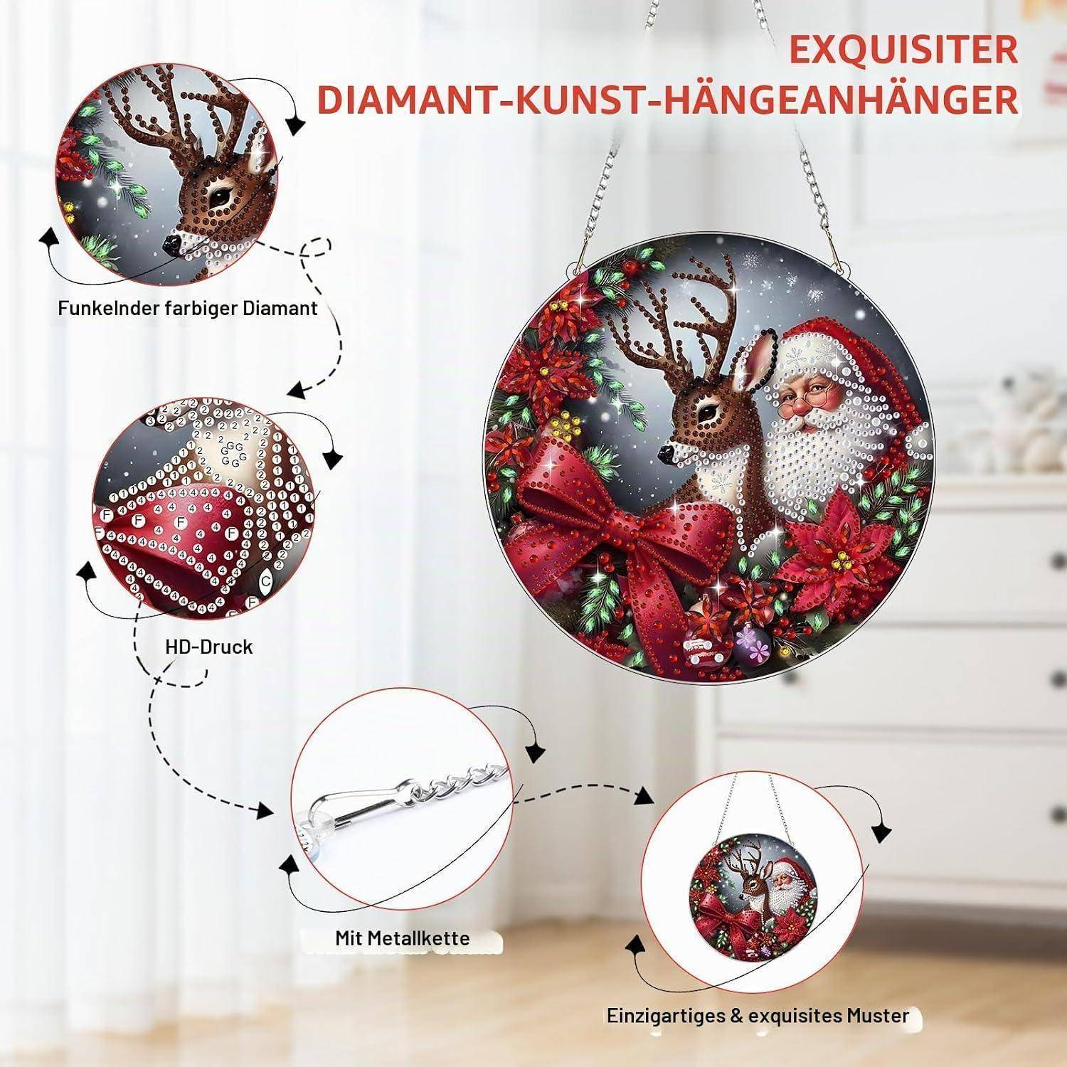 Weihnachtliches Diamantmalerei-Hängeornament mit Rentier und Weihnachtsmann, gezeigt mit Metallkette und beschrifteten Designdetails auf Deutsch.