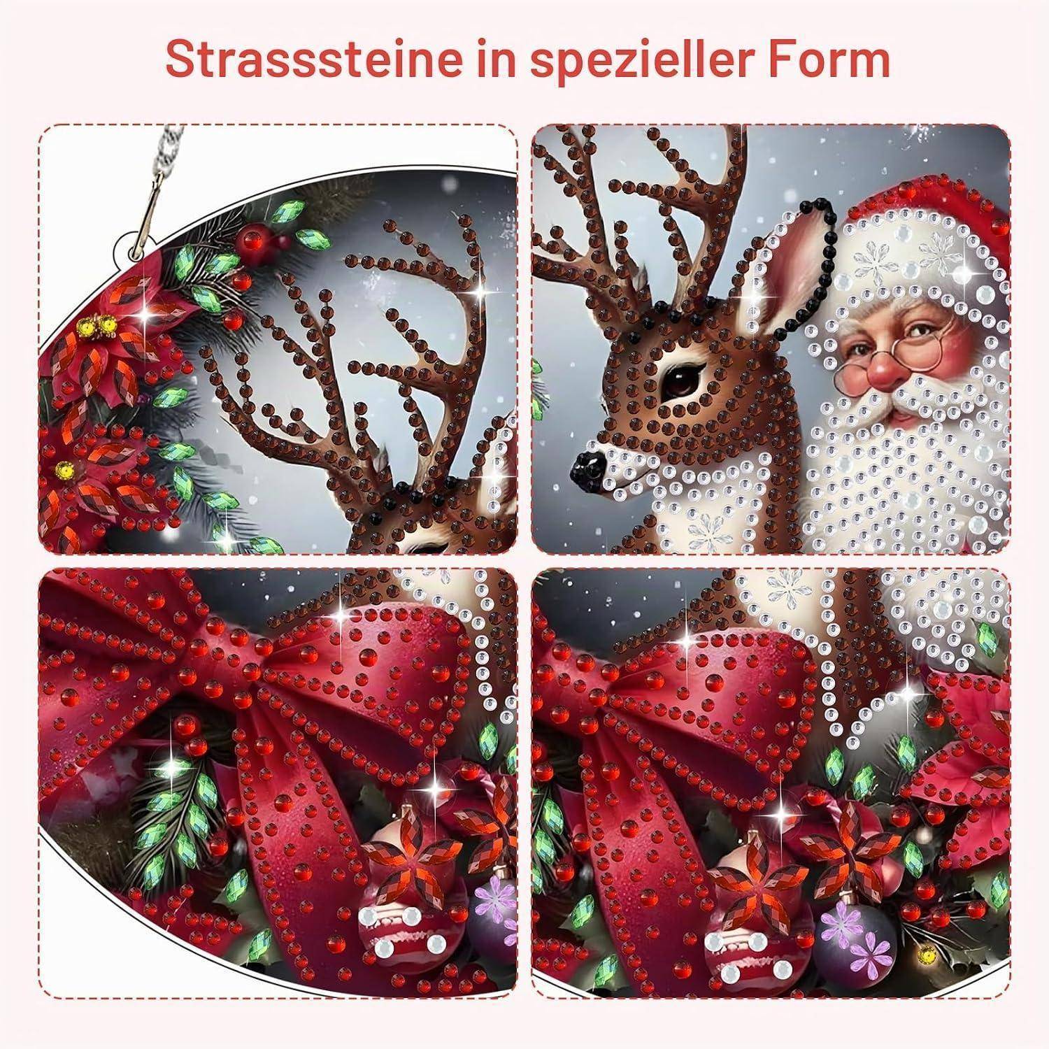 Collage aus vier festlichen Rentier- und Weihnachtsmannschmuck-Designs, die mit Strasssteinen und Schleifen verziert sind, unter dem deutschen Titel „Strasssteine in spezieller Form".