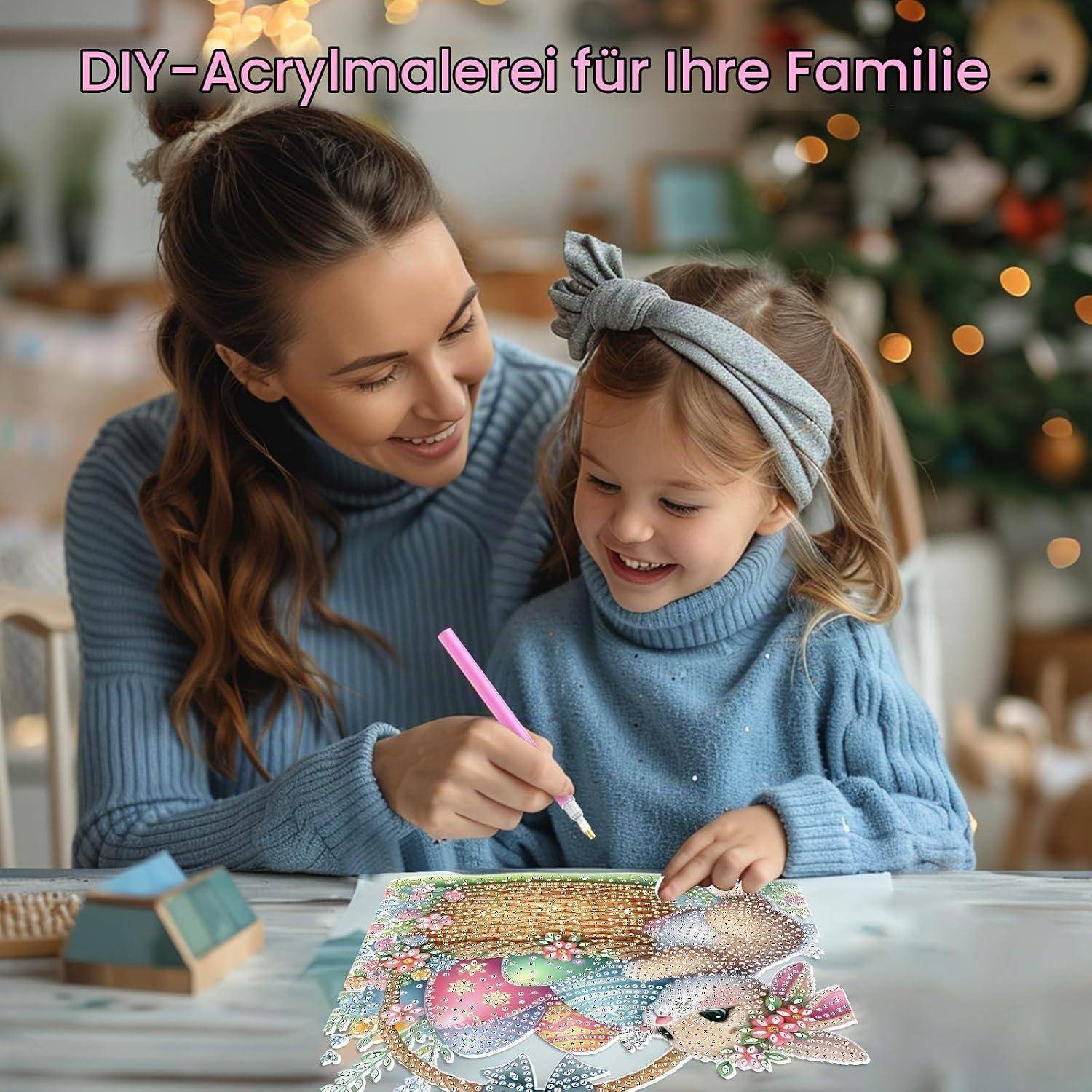 Mutter und Tochter in blauen Pullovern malen gemeinsam ein DIY-Acrylgemälde; der Text lautet „DIY-Acrylmalerei für Ihre Familie