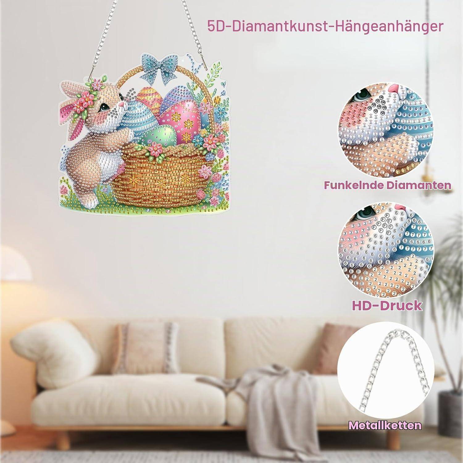 5D-Diamantmalerei-Aufbewahrungstasche mit blumigem Häschen und Ostereiern, gezeigt als Wanddekoration; eingefügte Nahaufnahmen zeigen funkelnde Diamanten, HD-Druck und Metallkette.