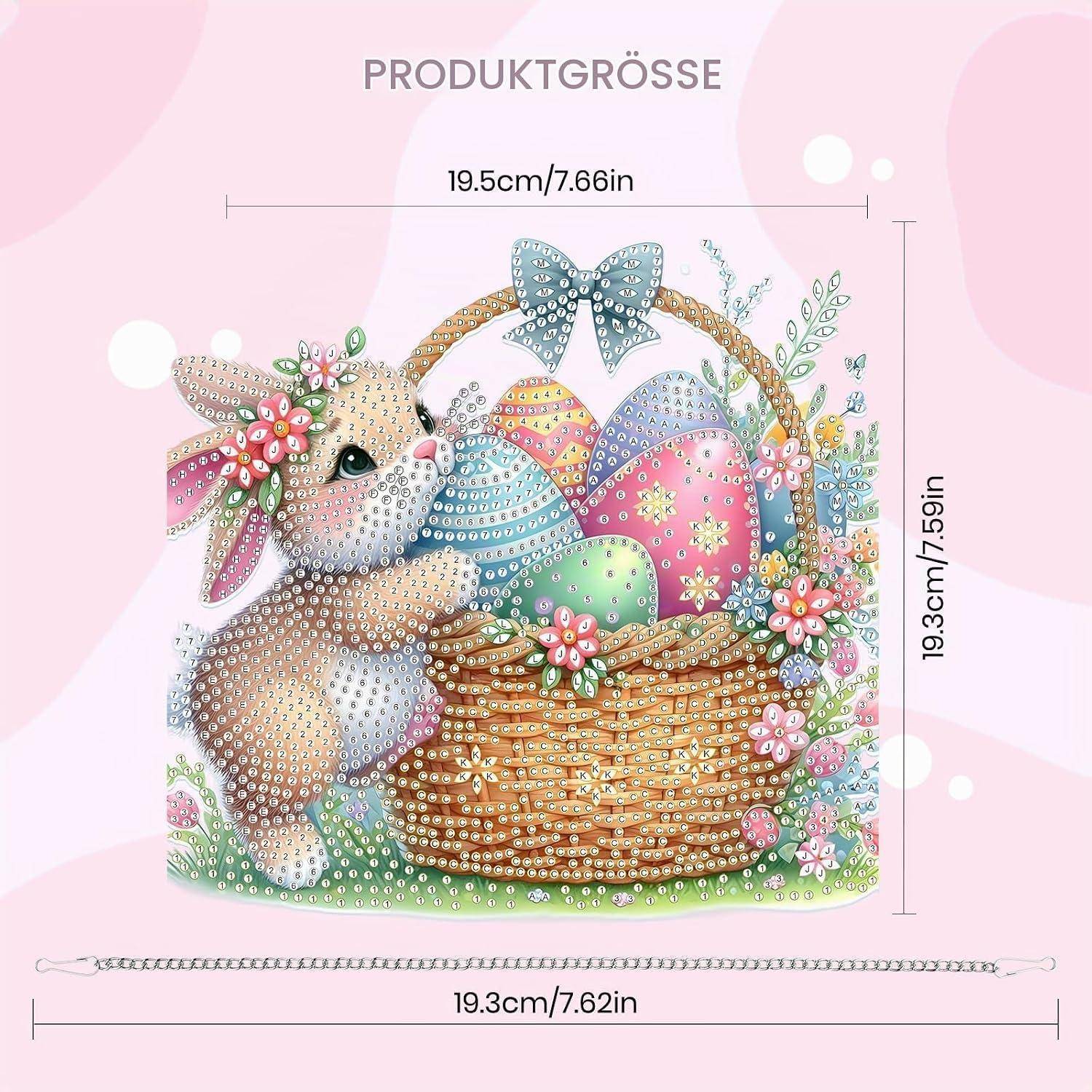 Vorschau des Diamantgemäldes zeigt ein Häschen mit Blumen und Ostereiern in einem Korb, beschriftet mit 'PRODUKTGRÖSSE' mit Größenmessungen von etwa 19,5 cm Breite und 19,3 cm Höhe.