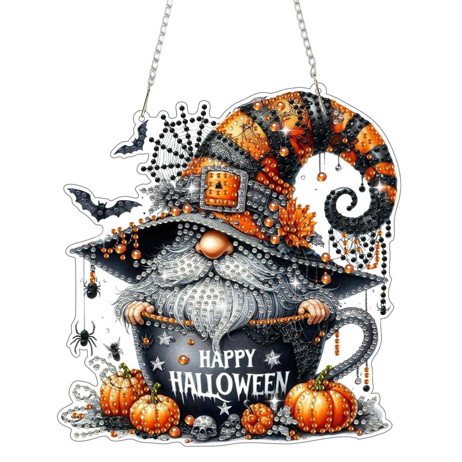Halloween-Gnom-Dekoration mit verziertem Hexenhut, Fledermäusen, Spinnen, Kürbissen und „HAPPY HALLOWEEN