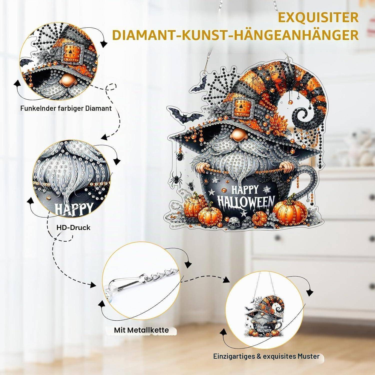 Halloween-Gnom-Diamantmalerei-Anhänger mit Metallkette, zeigt einen verzierten Hut, Kürbisse und „HAPPY HALLOWEEN