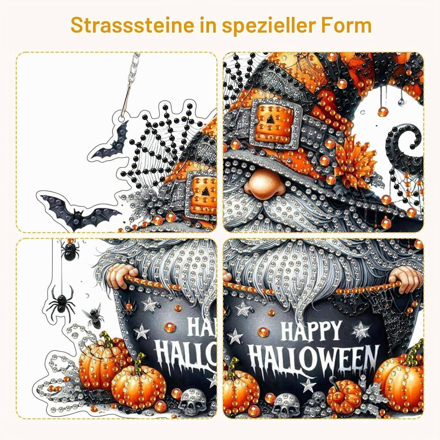 Collage von Halloween-Dekorationen mit Perlenbat, Hexenhut, Kürbissen, Spinnen und einem „HAPPY HALLOWEEN