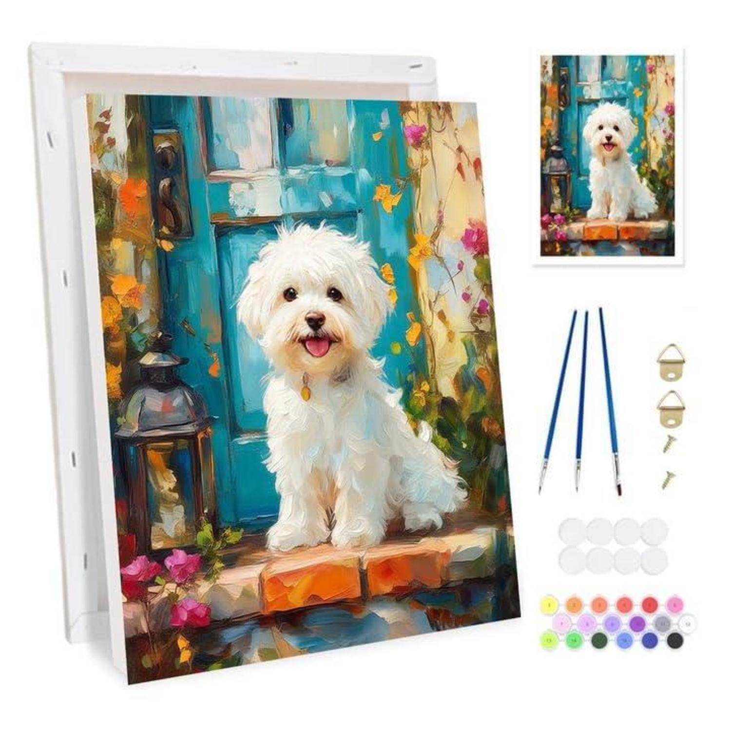 Malbuch-Set mit einem kleinen Porträt eines weißen Hundes, mit einem entsprechenden Referenzbild, Pinseln, Farbtöpfen und Aufhängehardware.