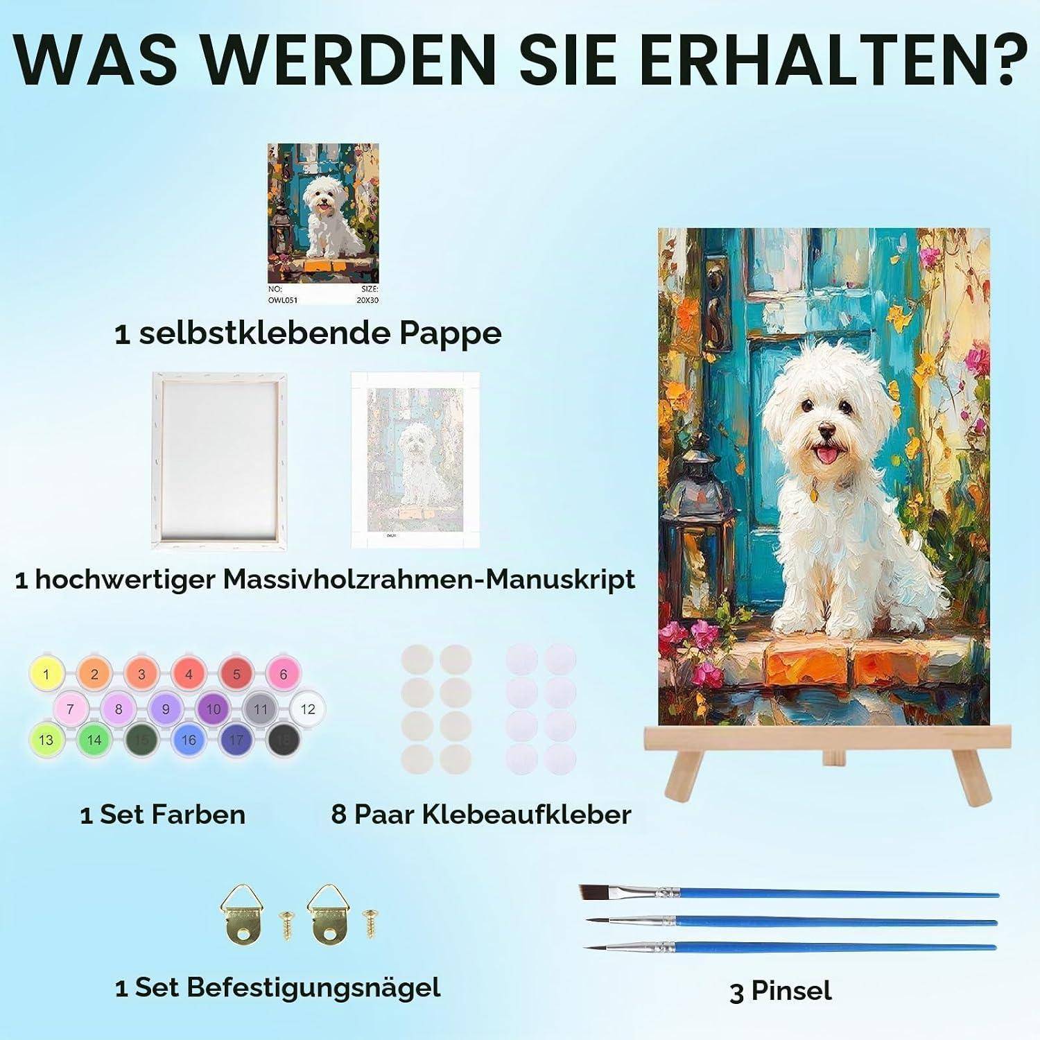 Produktinhalt gezeigt: ein selbstklebendes Papier, ein Holzrahmen-Manuskript, ein Farbset, 8 Paar Klebeetiketten, ein Montagenagel-Set und 3 Pinsel mit einer Hundemalerei-Vorschau.