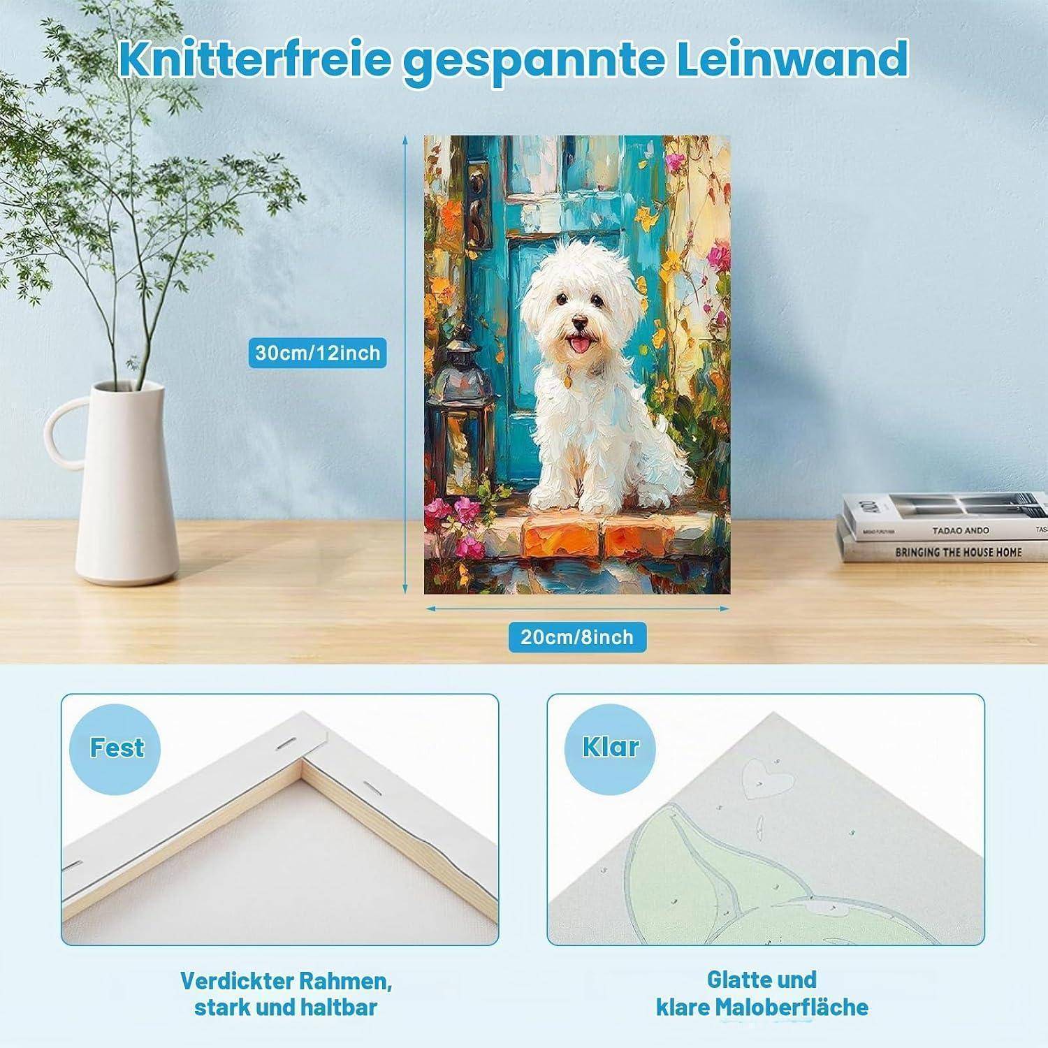Werbebild eines gestreckten Leinwanddrucks mit einem weißen Hund, beschriftet mit 30cm x 12 Zoll und 20cm x 8 Zoll, zeigt stabilen Rahmen und glatte Oberfläche.