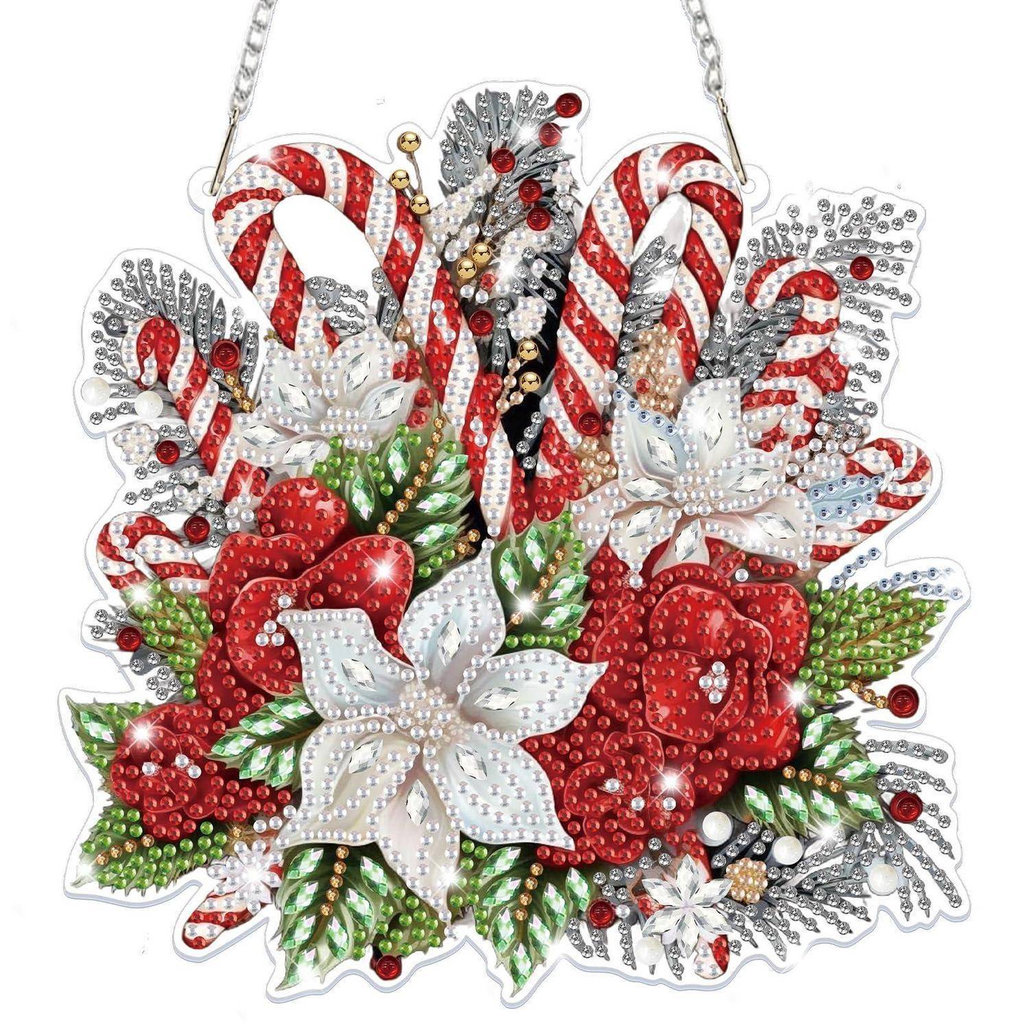 Funkelndes Weihnachtsblüten-Ornament mit roten und weißen Blüten, Zuckerstangen, Beeren und silbernen Blättern auf durchsichtiger Rückseite