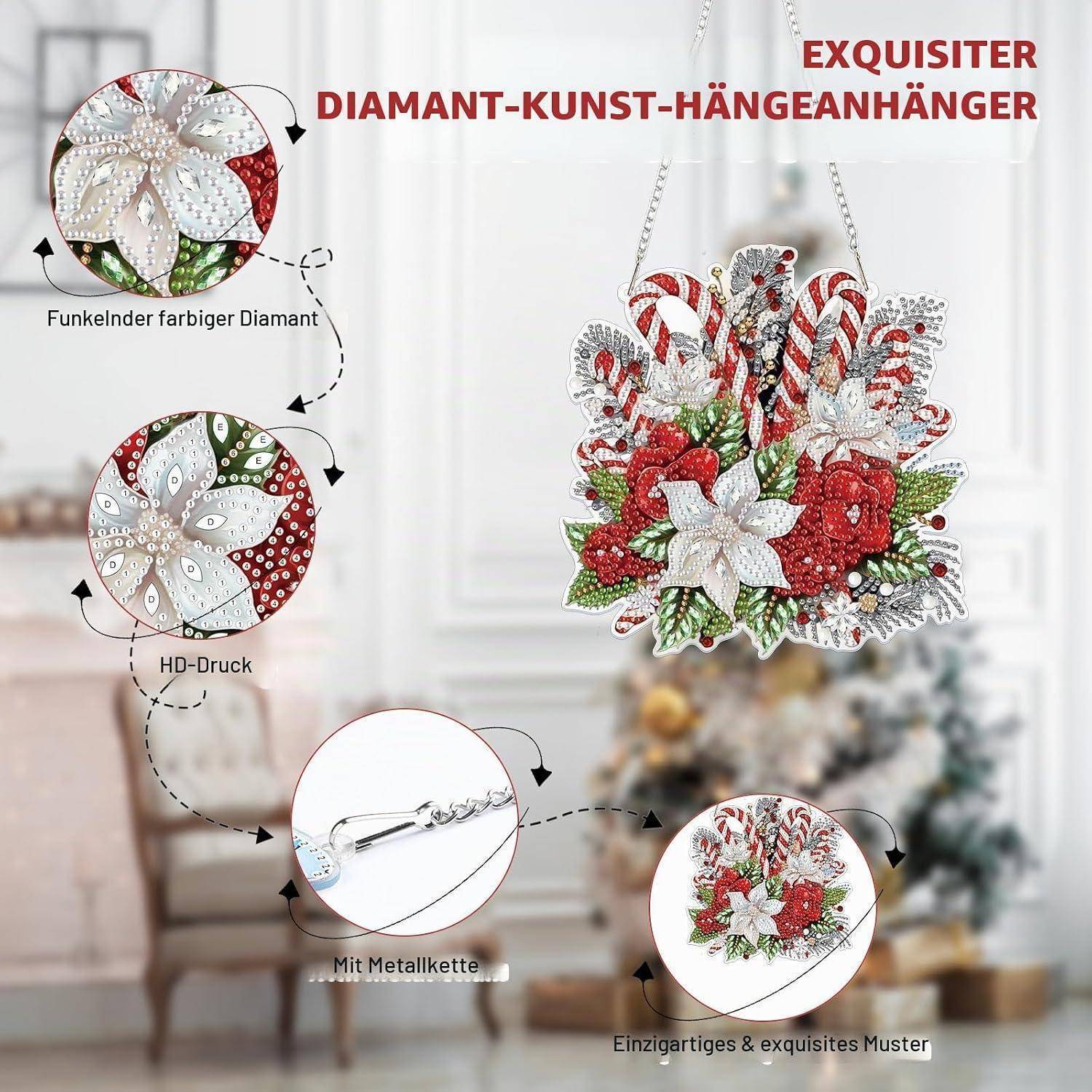 Diamantkunst-Hängeornament mit rot-weiß-grünem Blüten-Bonbon-Design an einer Metallkette, gezeigt mit Detail-Ausschnitten und deutschen Funktionsetiketten.