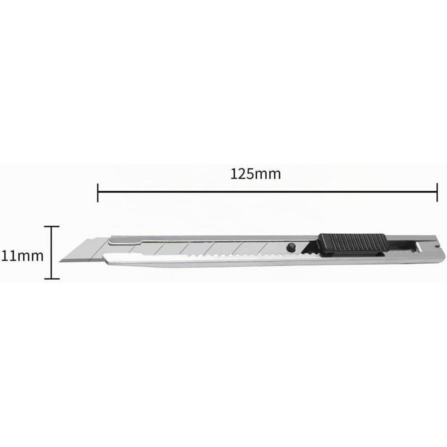 Illustration eines Universalmessers mit einer 125 mm langen, 11 mm breiten ausfahrbaren Klinge und einem schwarzen Schieberegler-Griff.
