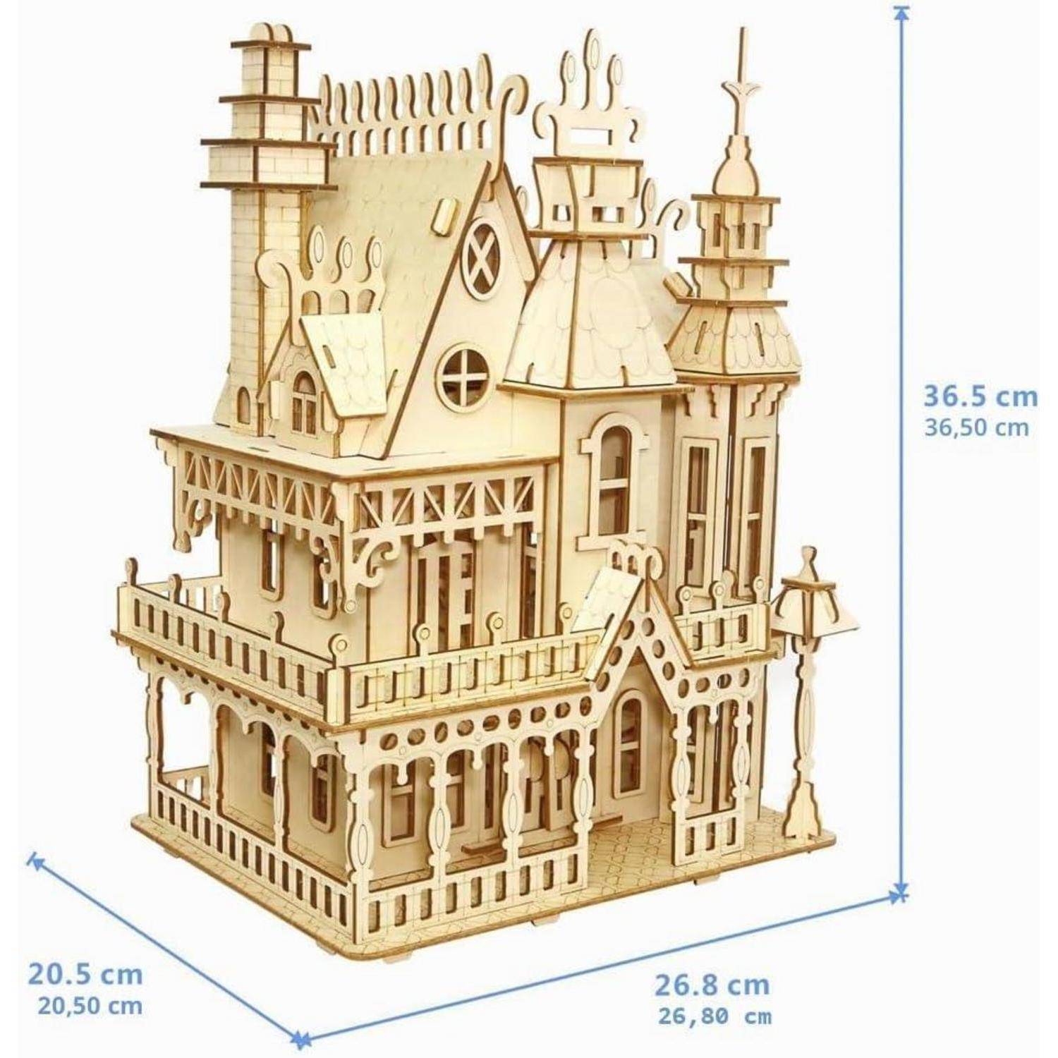 3D-Holzmodell eines viktorianischen Hauses, dargestellt mit den Abmessungen 36,5 cm Höhe, 26,8 cm Breite und 20,5 cm Tiefe.