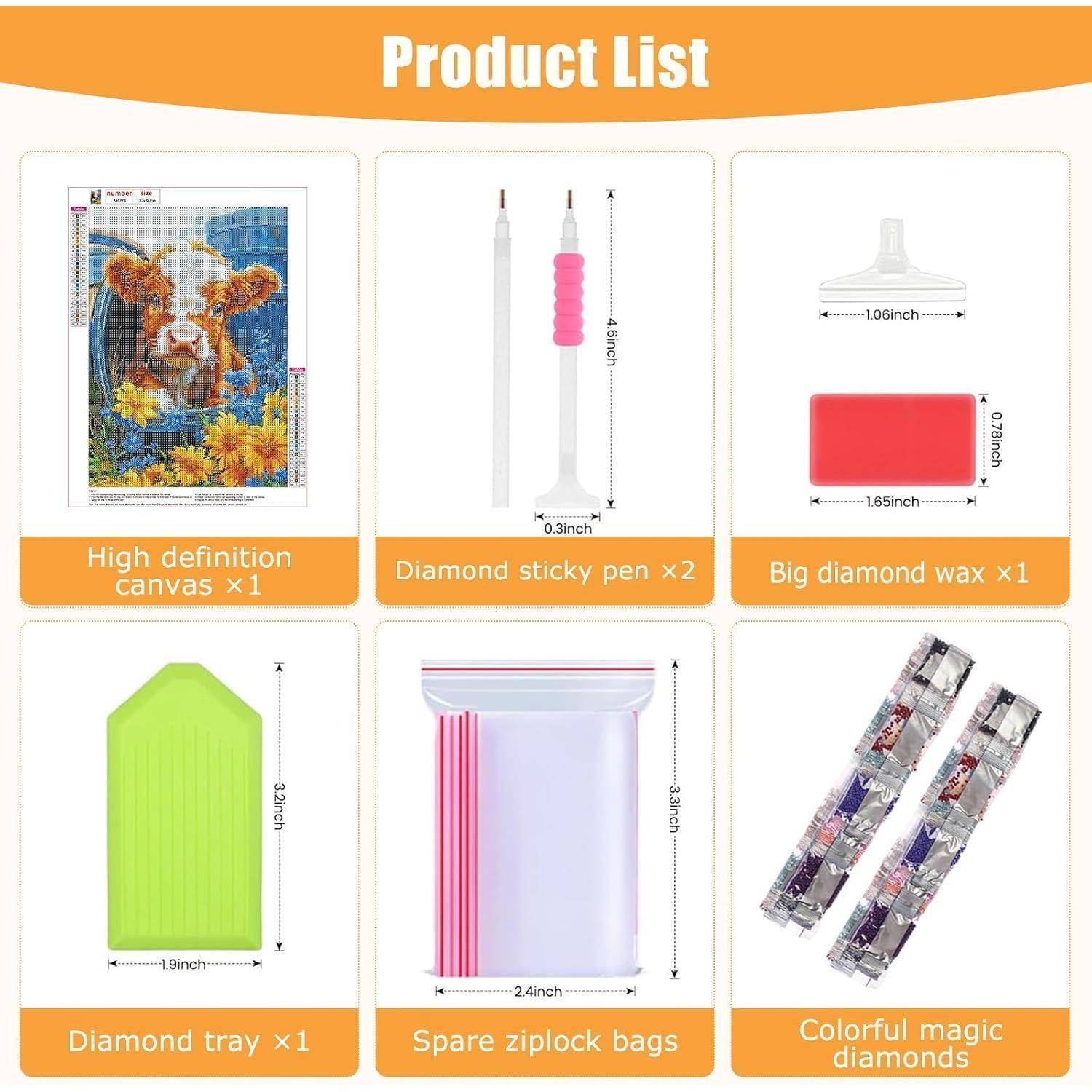 Produktliste für ein Diamantmalerei-Set: hochauflösendes Leinwand, 2 klebrige Stifte, Wachs, Diamantablage, Ersatz-Ziploc-Beutel und farbenfrohe Zauberdiamantensteinechen.