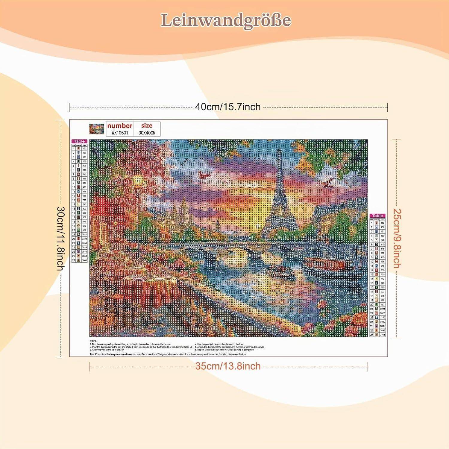Produktbild, das eine Diamantmalerei-Leinwand mit einer farbenfrohen Pariser Eiffelturm-Szene zeigt; Abmessungen beschriftet 40 cm breit, 30 cm hoch und 35 cm mal 25 cm Bildbereich.