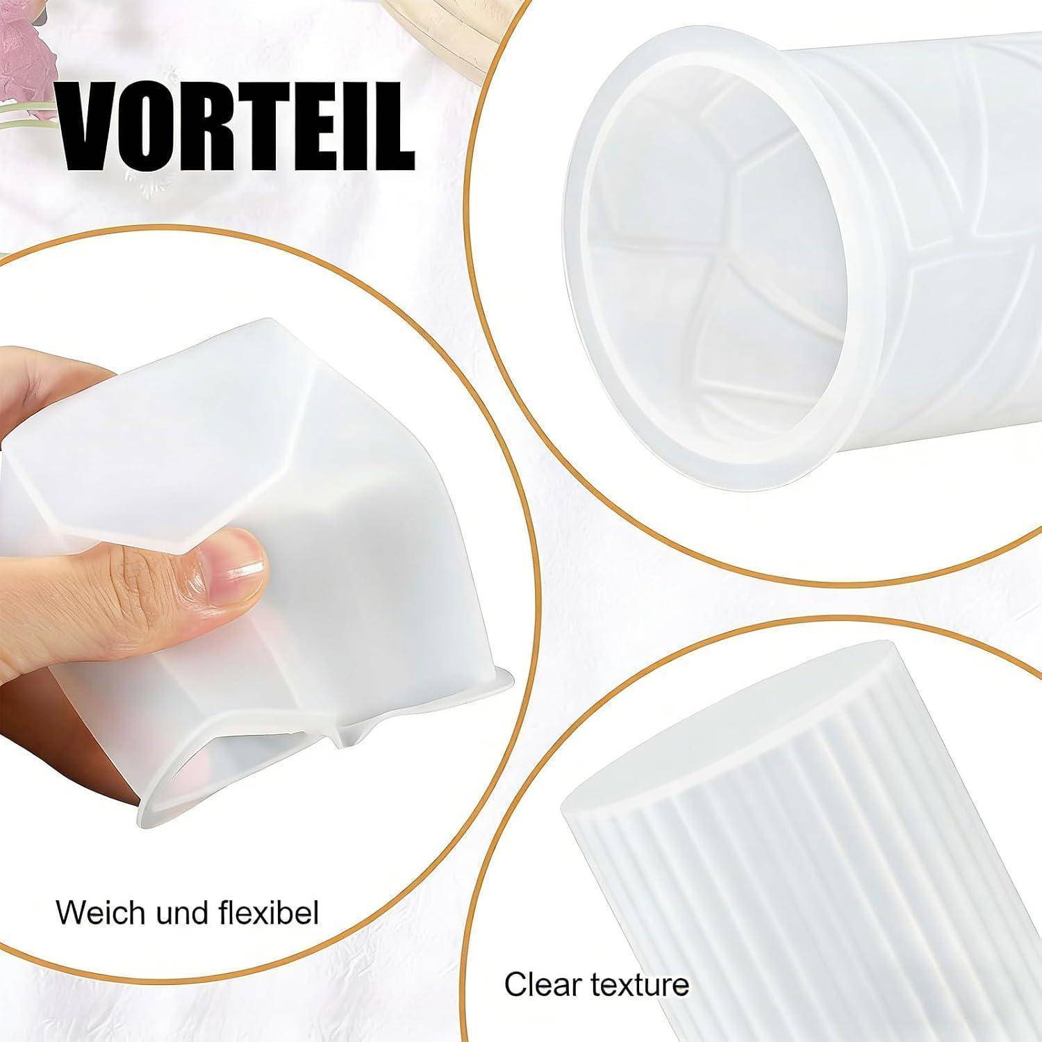 Werbeabbildung einer weißen VORTEIL-Silikonhülle oder -Abdeckung, die flexibel in einer Hand gezeigt wird, mit Nahaufnahmen ihrer strukturierten und glatten Seiten; der Text liest sich als „Weich und flexibel