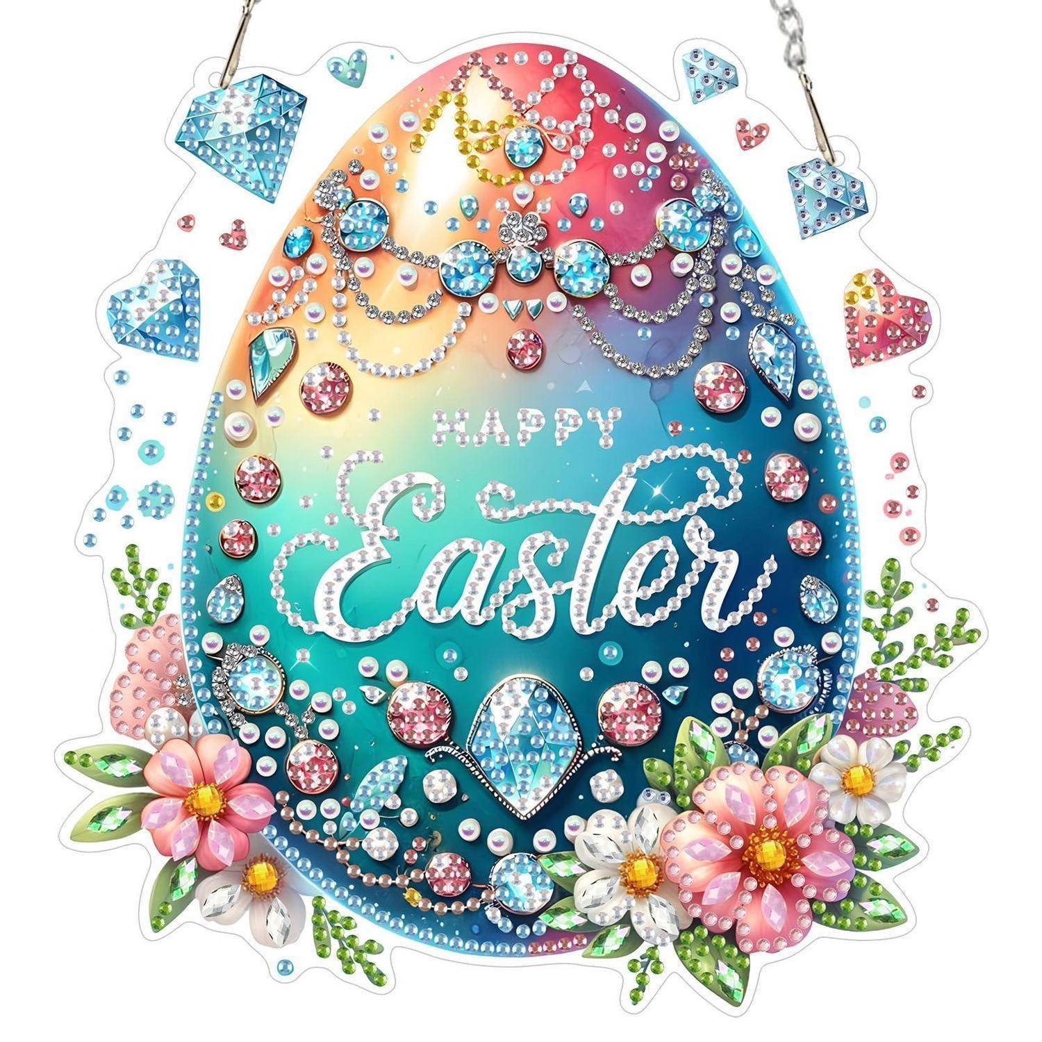 Verziertes Osterei-Ornament mit Edelsteinen und Blumen, beschriftet mit „FROHE Ostern