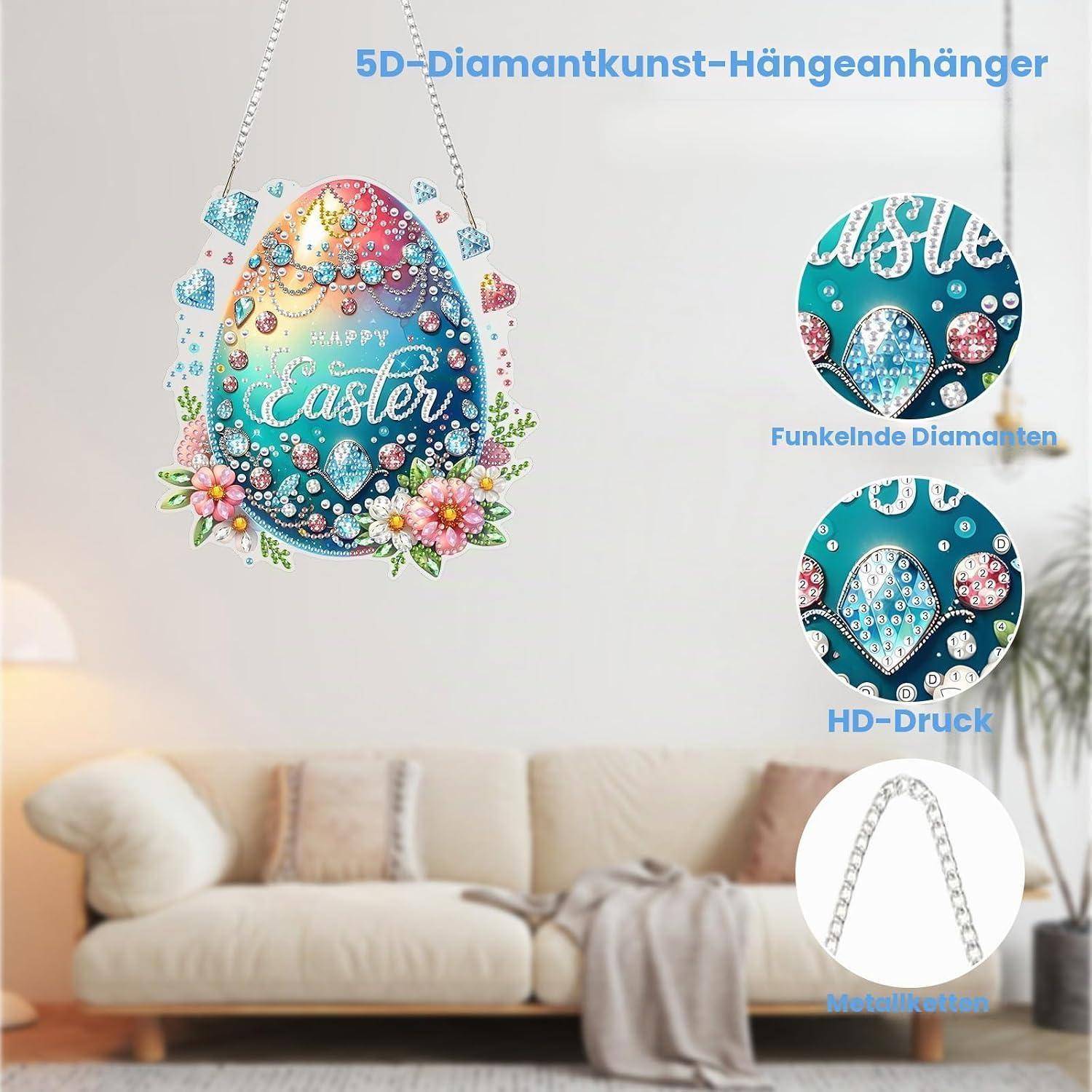 Werbebild einer 5D-Diamond-Art-Ostereier-Hängdekoration mit Nahaufnahmen glitzernder Diamanten und HD-Druck, angezeigt über einem Sofa.
